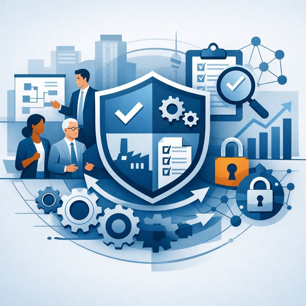 Digital illustration of a structured shield with gears, checklist, factory, and network elements representing standards of management and structured organizational governance systems.
