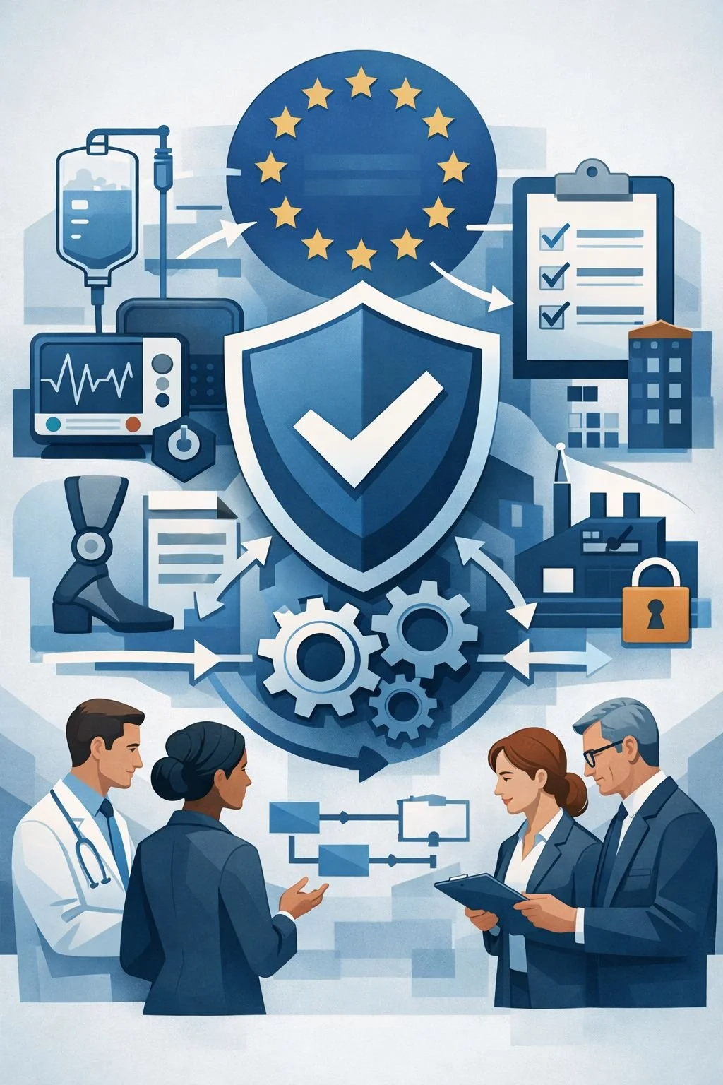Digital illustration of a shield, gears, medical device symbols, and diverse professionals representing EU MDR 2017/745 compliance consulting.