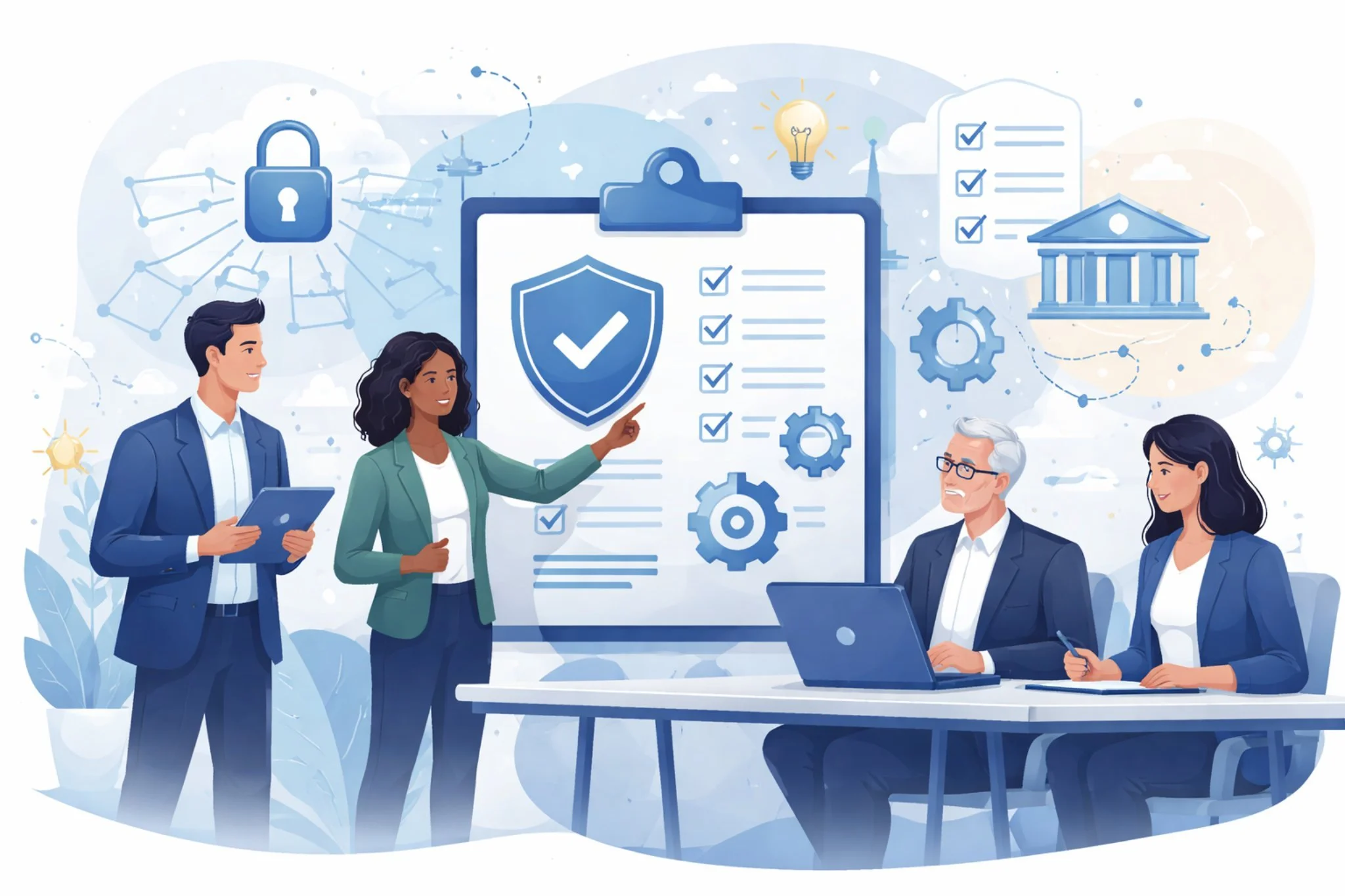 Illustrated diverse group of cybersecurity professionals reviewing layered security controls and compliance checklist with shield and lock symbols representing structured CMMC compliance consulting.