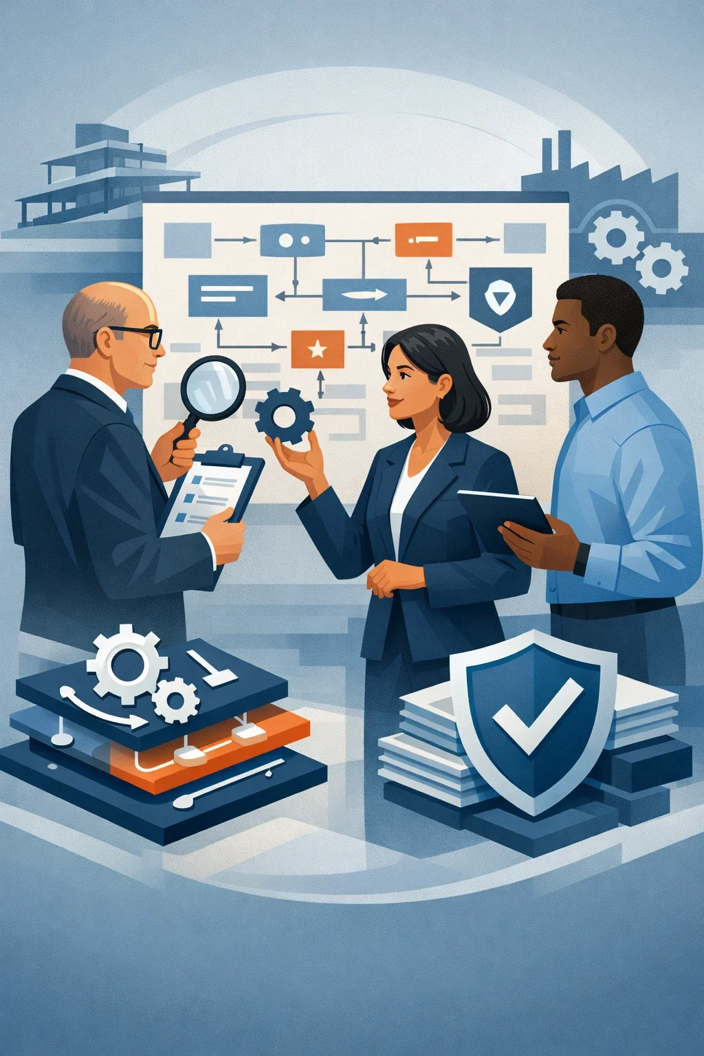 Digital illustration of consultants analyzing a cybersecurity risk assessment board with network flows, shield protection layers, and system security controls.