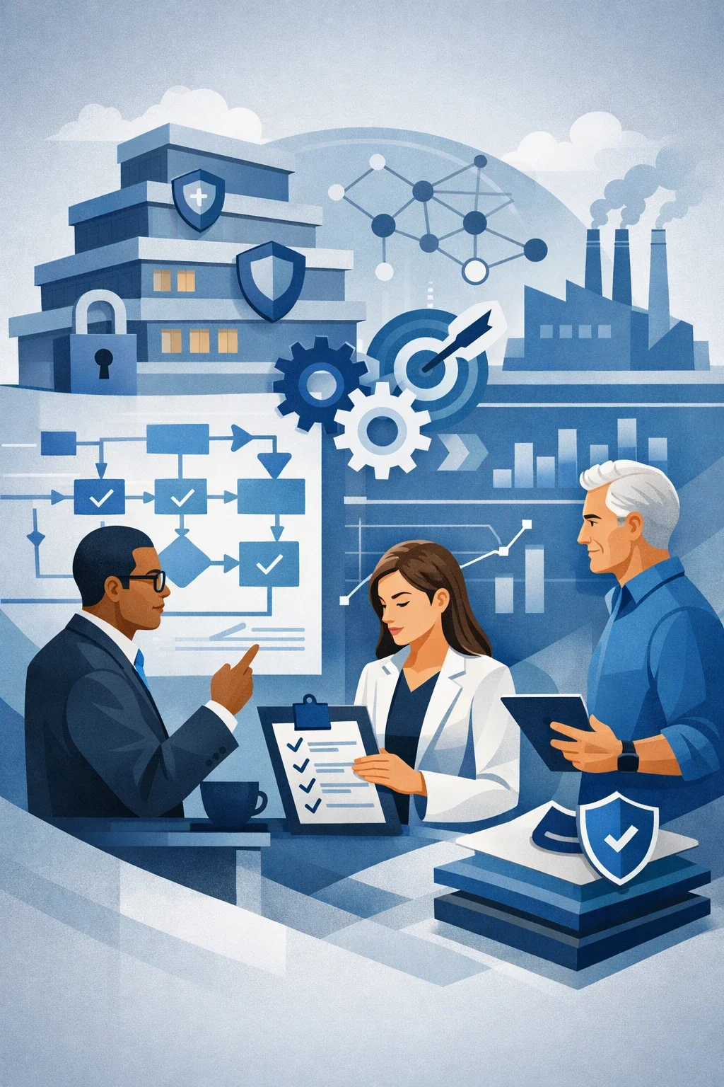 Digital illustration of consultants reviewing supplier networks, factories, process flows, and risk controls representing supply chain risk strategy and operational resilience governance.