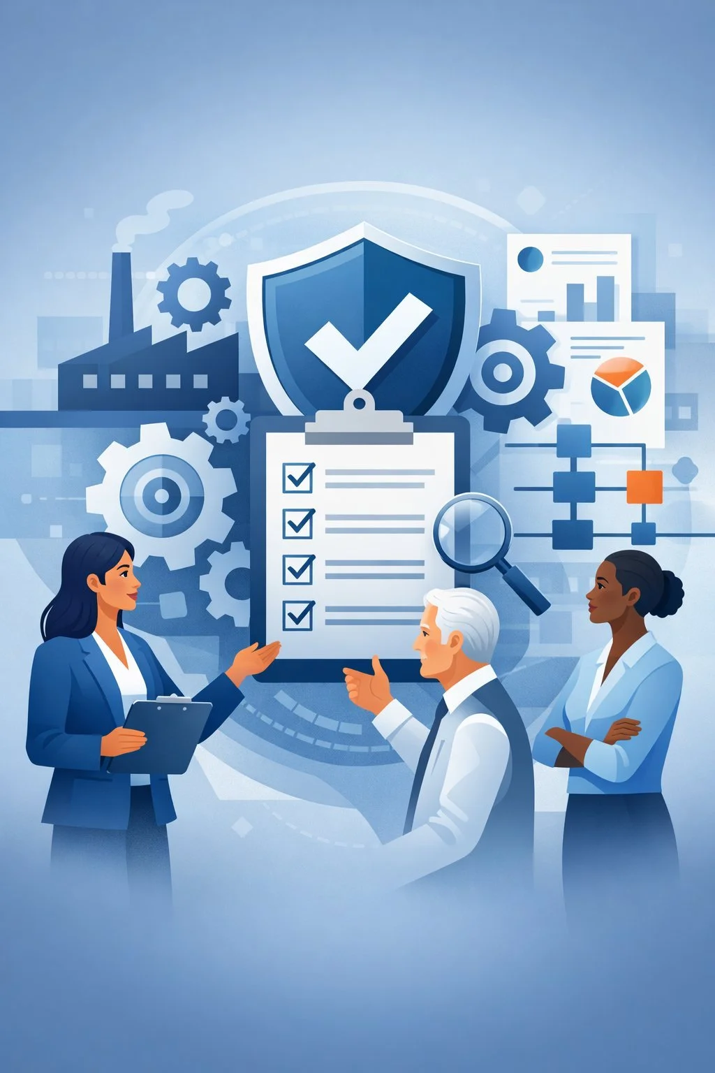 Digital illustration of professionals reviewing a structured checklist with shield, gears, and factory symbols representing ISO 9001:2015 quality management system requirements.