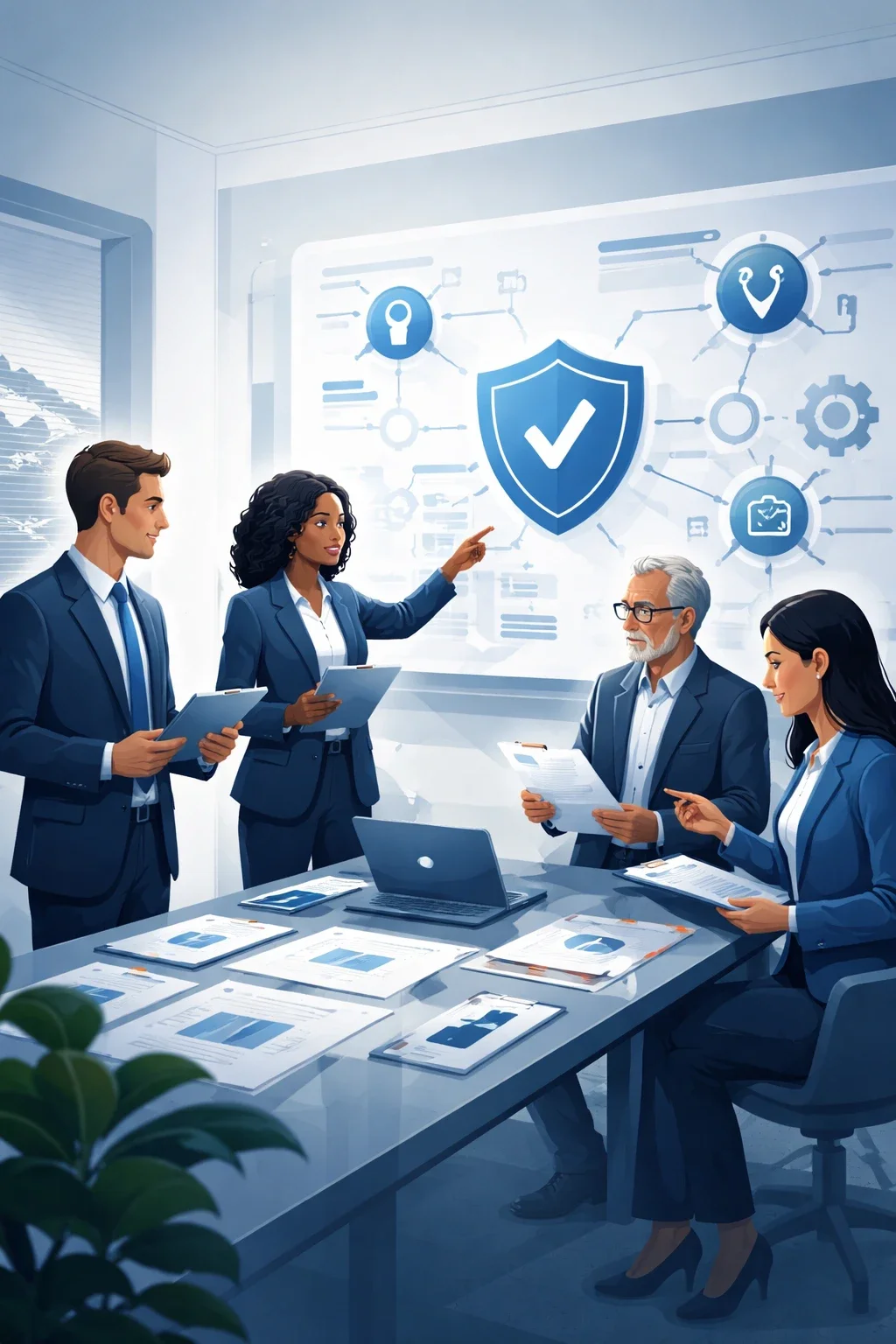 Digital illustration of consultants reviewing governance, risk, and compliance systems with shield, checklist, and process network symbols representing GRC consulting services.
