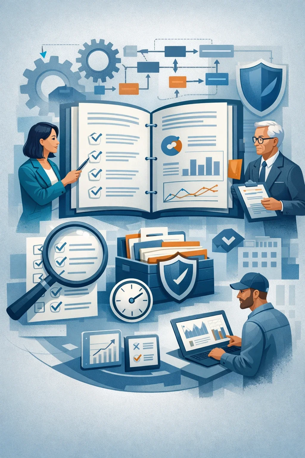 Digital illustration of structured management system documentation with binder, checklist, workflow diagrams, and governance symbols representing controlled business processes.