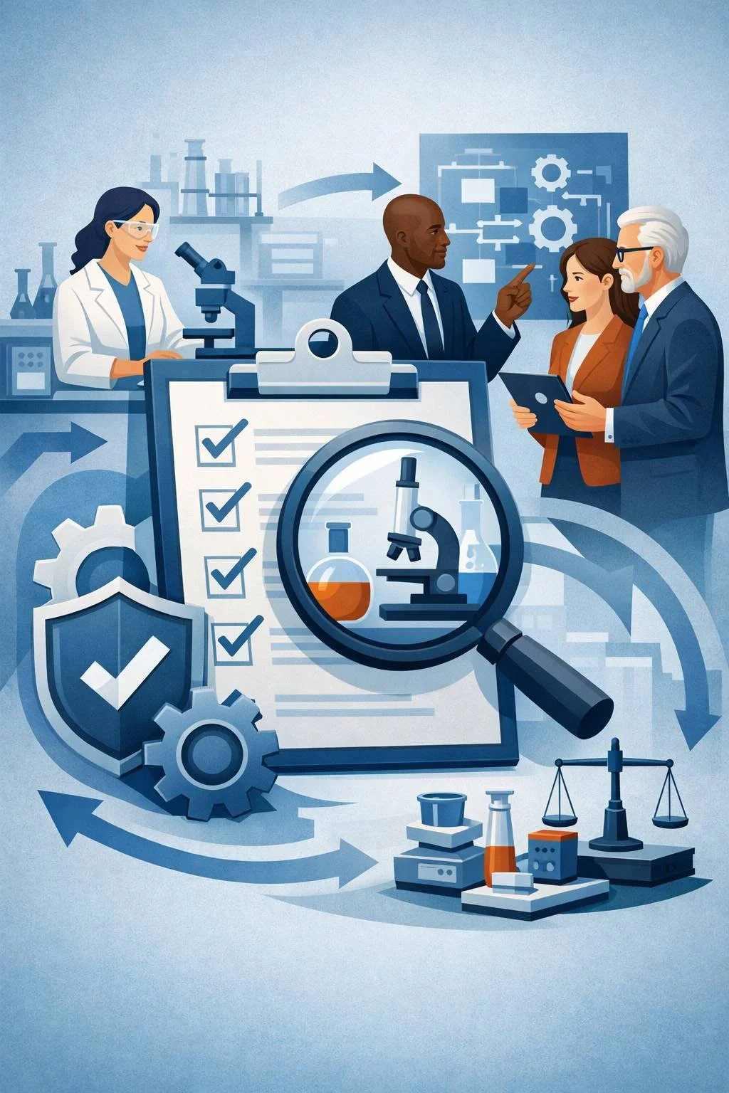 Digital illustration of laboratory professionals reviewing a checklist, microscope, and process controls representing an ISO 17025 readiness assessment for laboratory accreditation.
