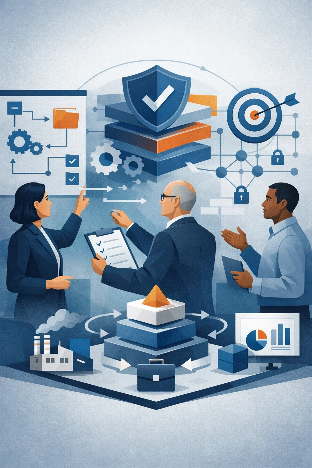 Digital illustration of consulting professionals analyzing layered systems, gears, and flow processes representing a continuous improvement framework and structured operational optimization.