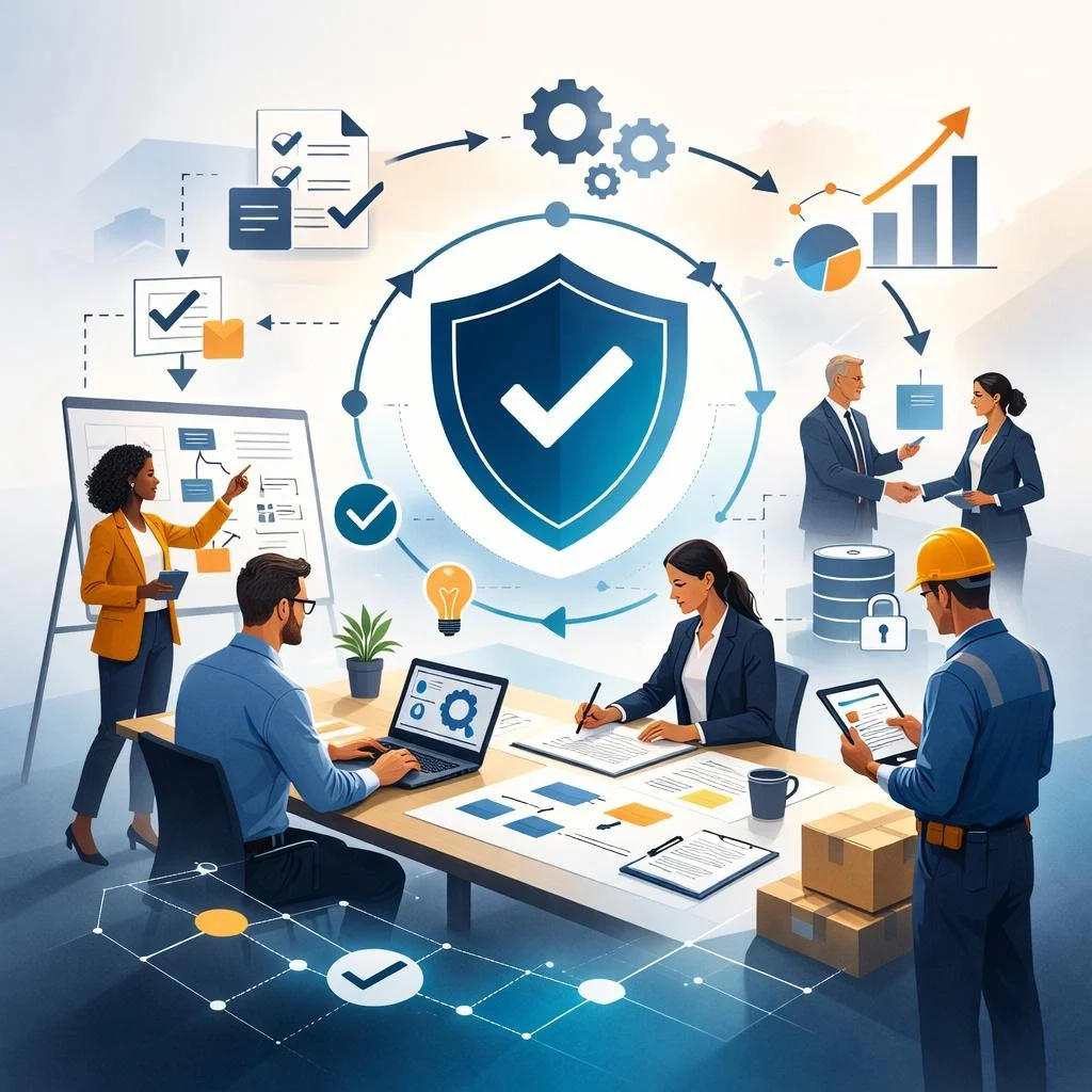 Illustrated ISO 9001 certification process showing diverse professionals collaborating around structured workflows, shield with checkmark, gears, audit documents, and performance charts representing how to get ISO 9001 certified.