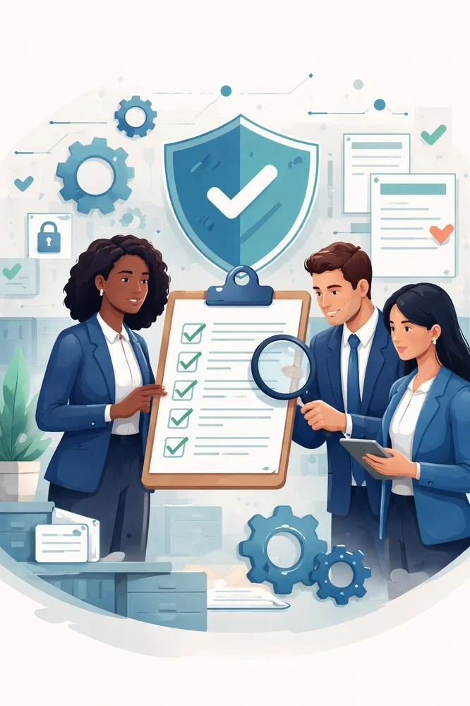 Internal compliance auditor team reviewing structured audit checklist with magnifying glass and shield compliance symbols in a modern professional business setting