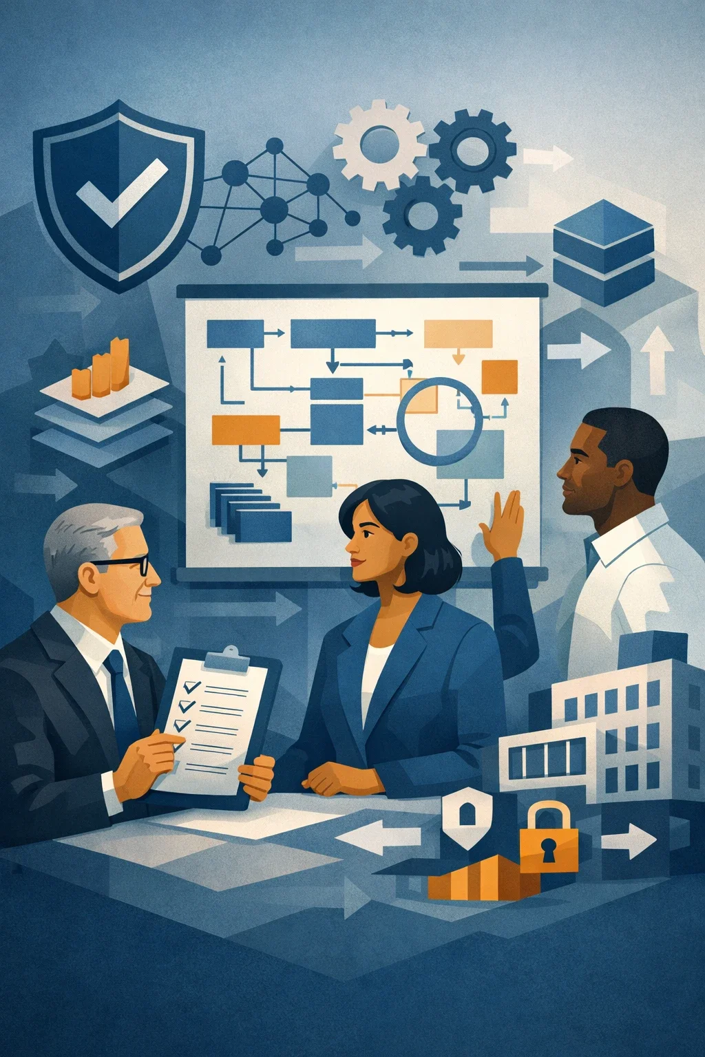 Digital illustration of aerospace quality management system planning with shield validation symbol, process diagram, and engineering team representing the meaning of AS9100.