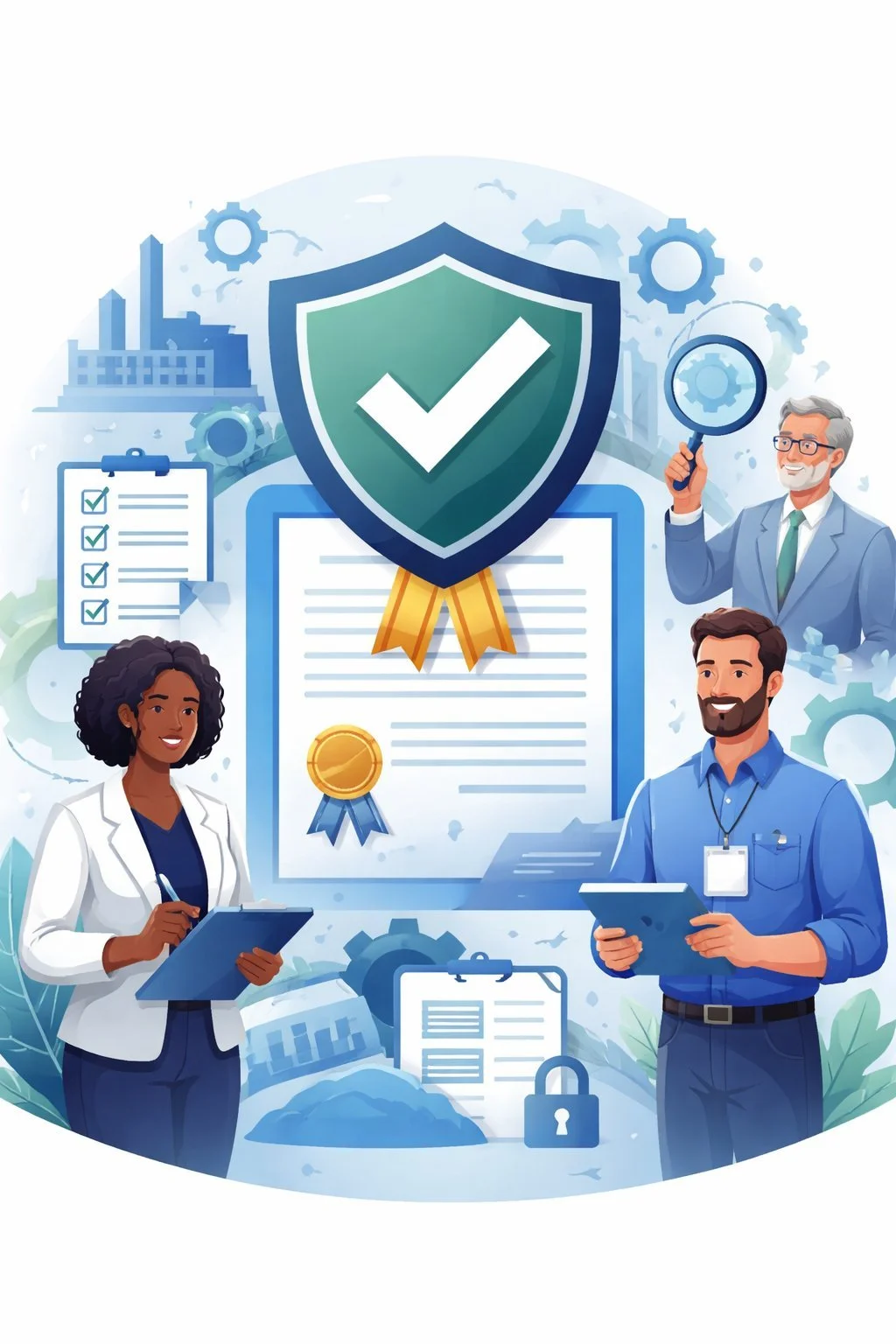Illustrated ISO 9001 certified company concept with shield checkmark, diverse quality professionals reviewing documents, gears and structured system symbols representing audited quality management system compliance.