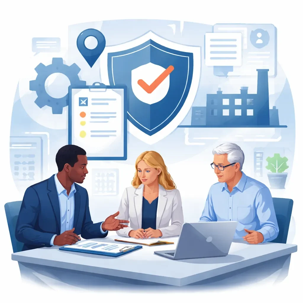 Digital illustration of consultants reviewing processes with shield, checklist, and factory symbols representing ISO consultant services and structured compliance systems.