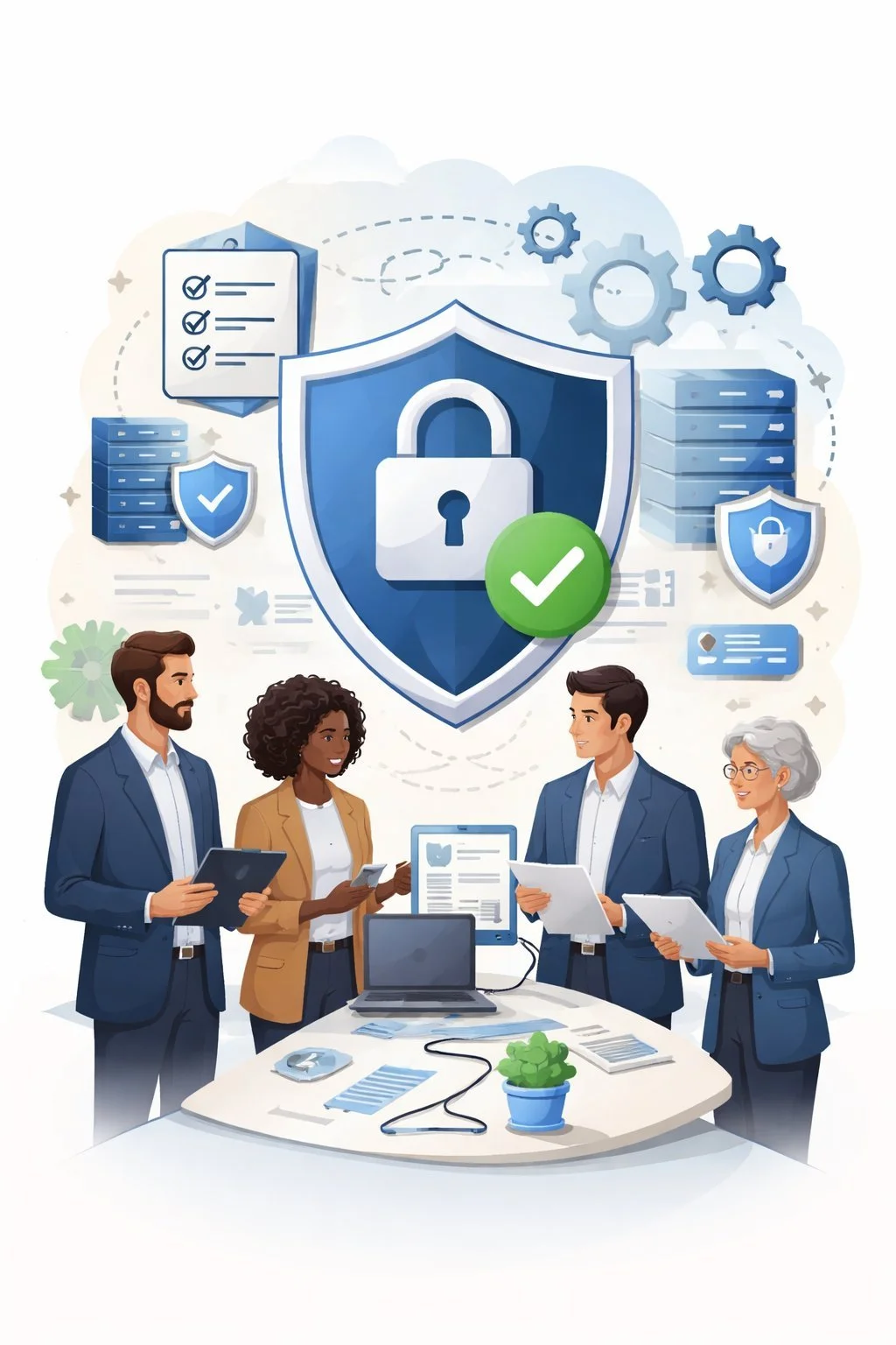 Diverse business professionals collaborating on information security management with shield and lock symbol representing ISO 27000 certification and structured ISMS implementation.