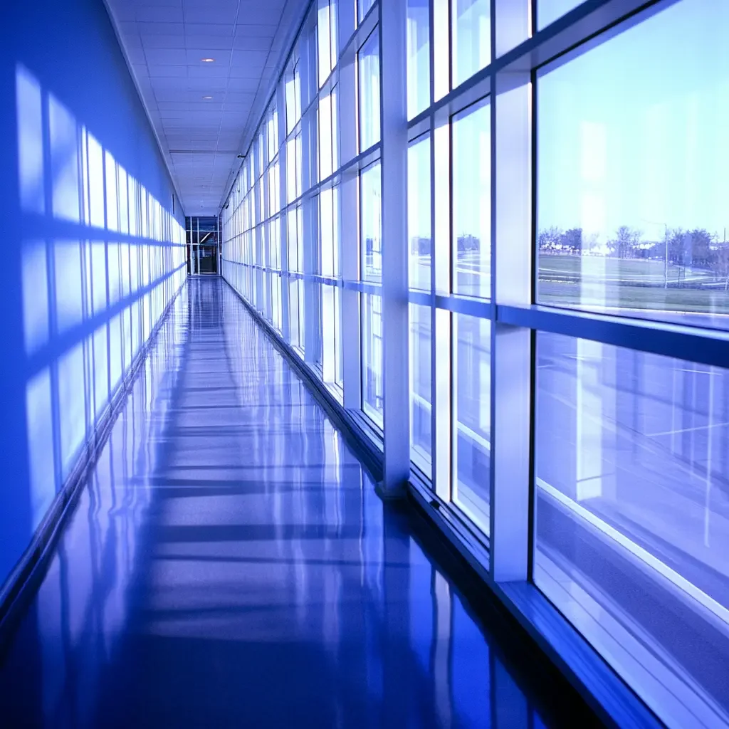Structured government building corridor with floor-to-ceiling windows and polished floors, representing compliance and management systems for government contractors and federal organizations