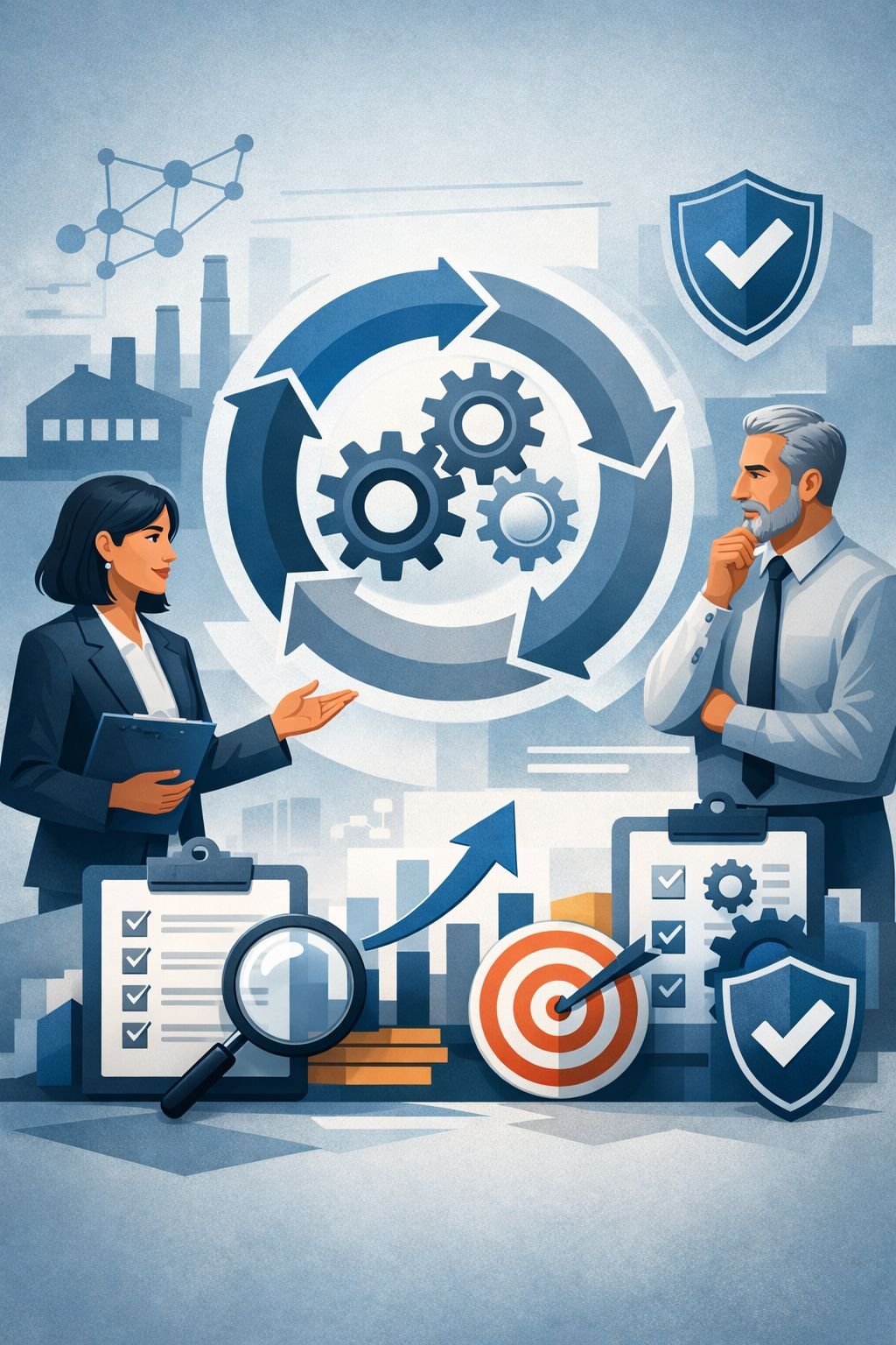 Digital illustration of consultants reviewing a circular improvement cycle with gears, checklists, and shields representing the ISO 9001 continuous improvement process in a quality management system.