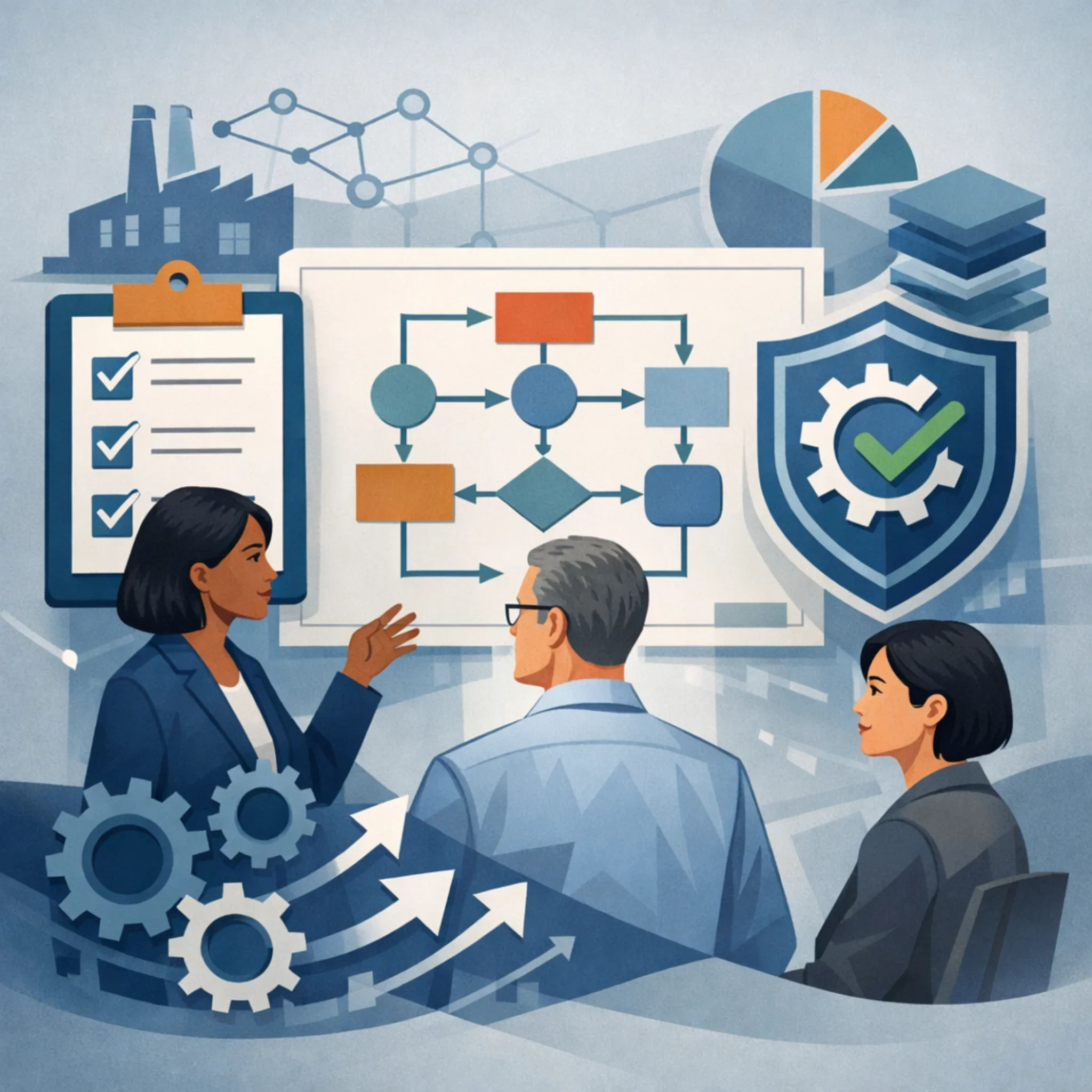 Digital illustration of professionals analyzing structured workflows, gears, and shield symbols representing business continuity planning services and operational resilience.