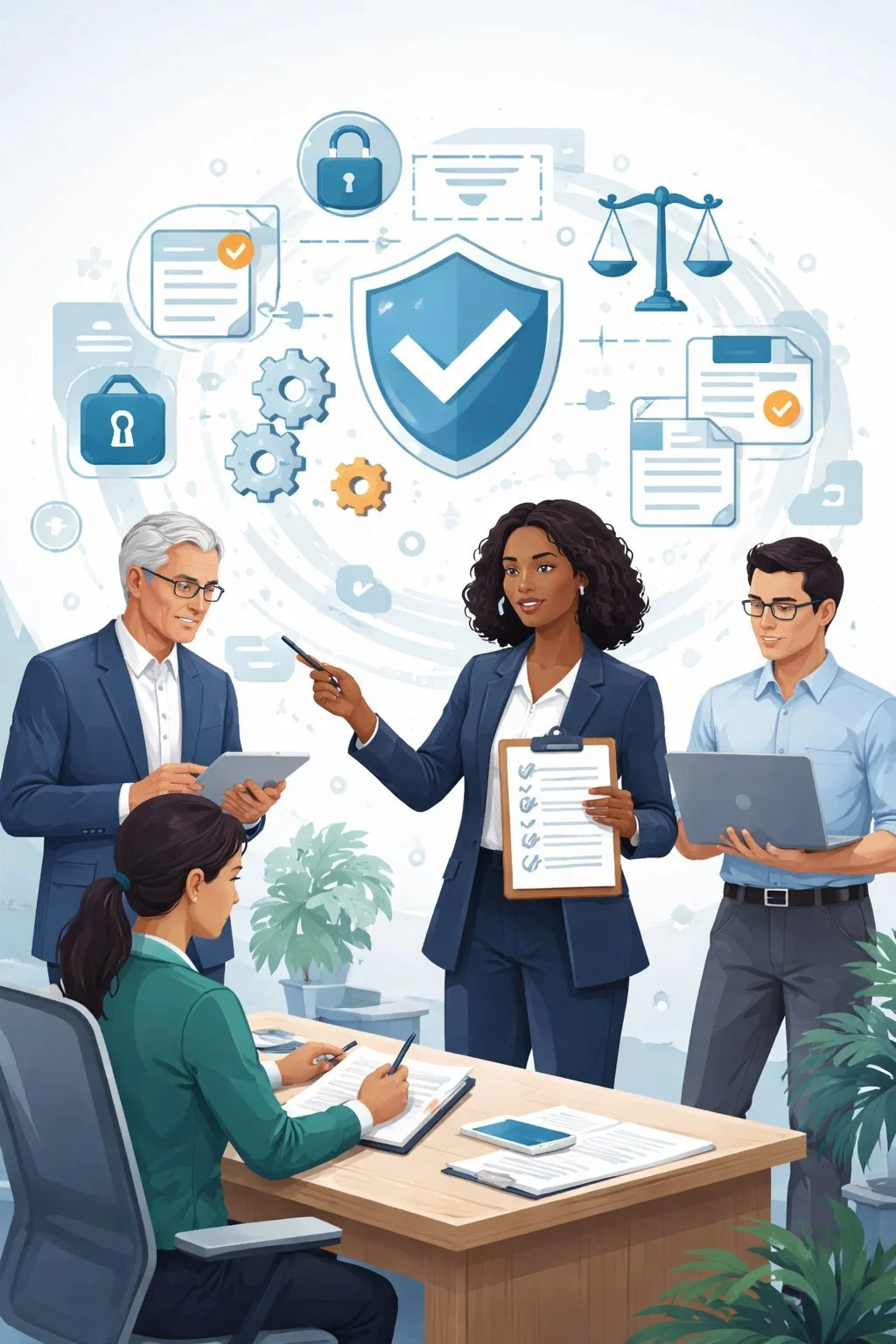 Regulatory compliance consultants collaborating in a professional office environment with shield, checklist, lock, and governance symbols representing structured risk management and regulatory control systems.