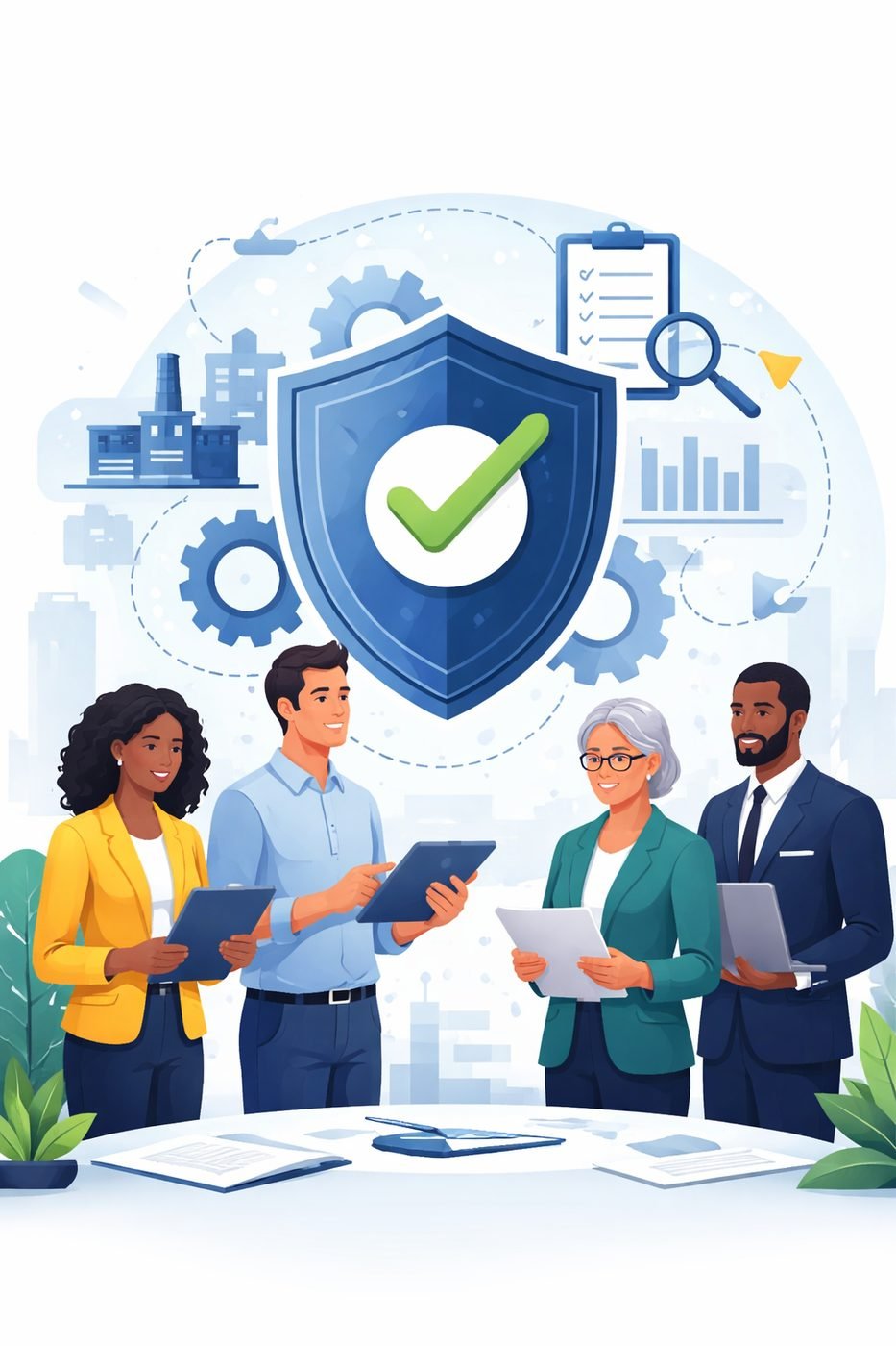 Diverse team of business professionals reviewing quality management documents beneath a large shield with checkmark and interconnected gears, representing ISO 9001 certification and structured quality management systems.