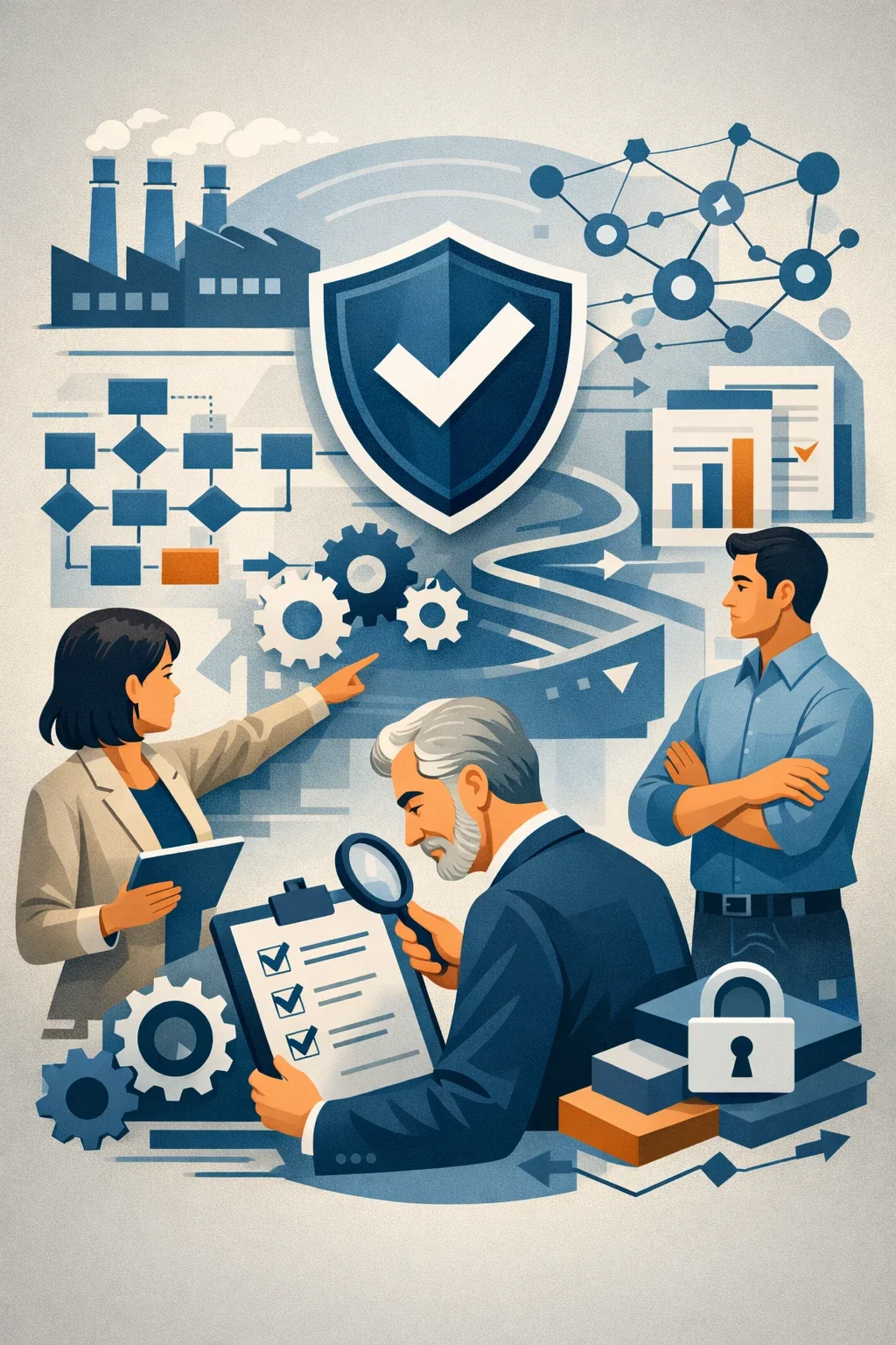 Digital illustration of professionals reviewing a structured manufacturing compliance system with shield, checklist, factory, and process controls representing GMP compliance.