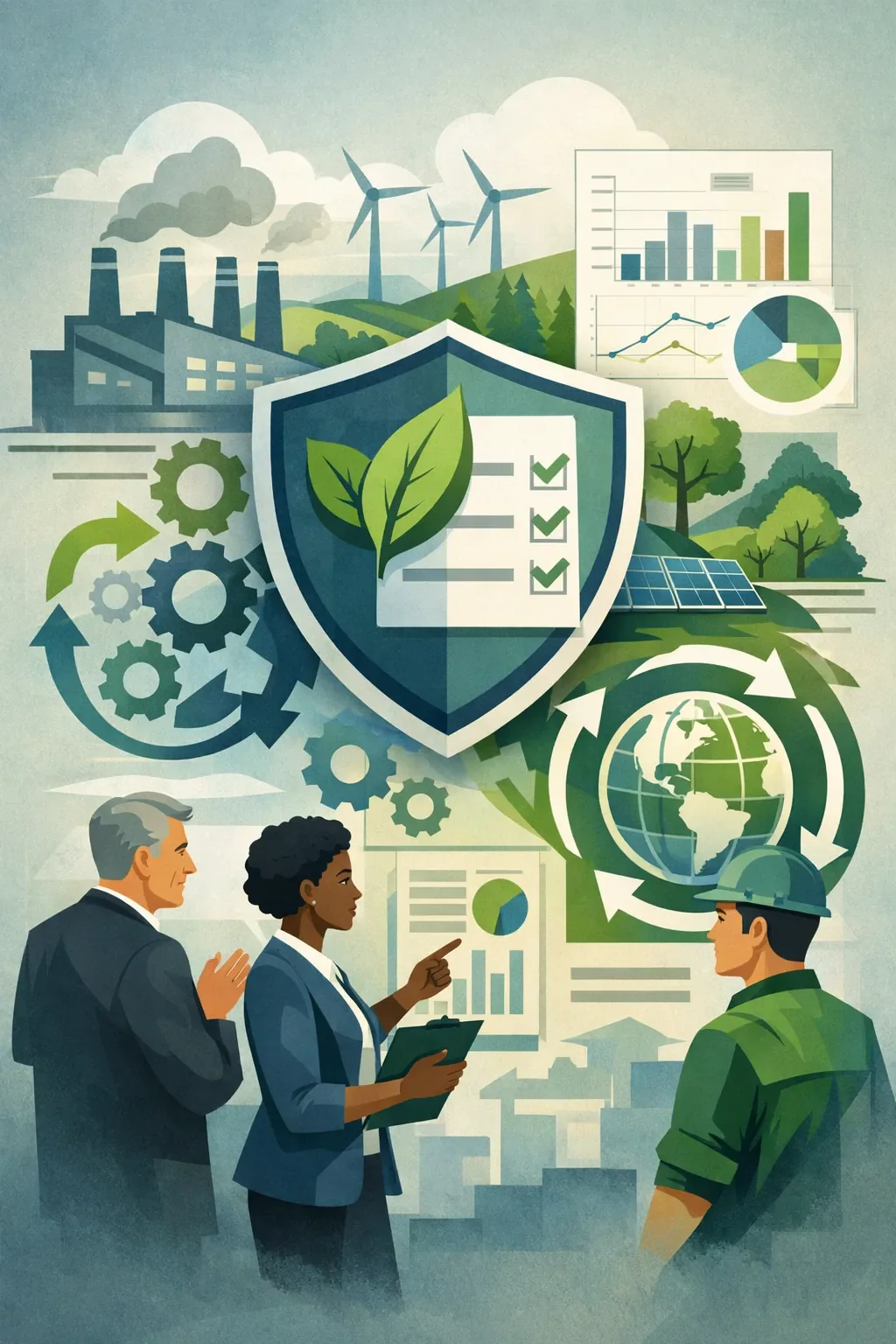 Digital illustration of a structured shield with checklist and leaf surrounded by factories, renewable energy, and process gears representing ISO 14001 environmental management systems.