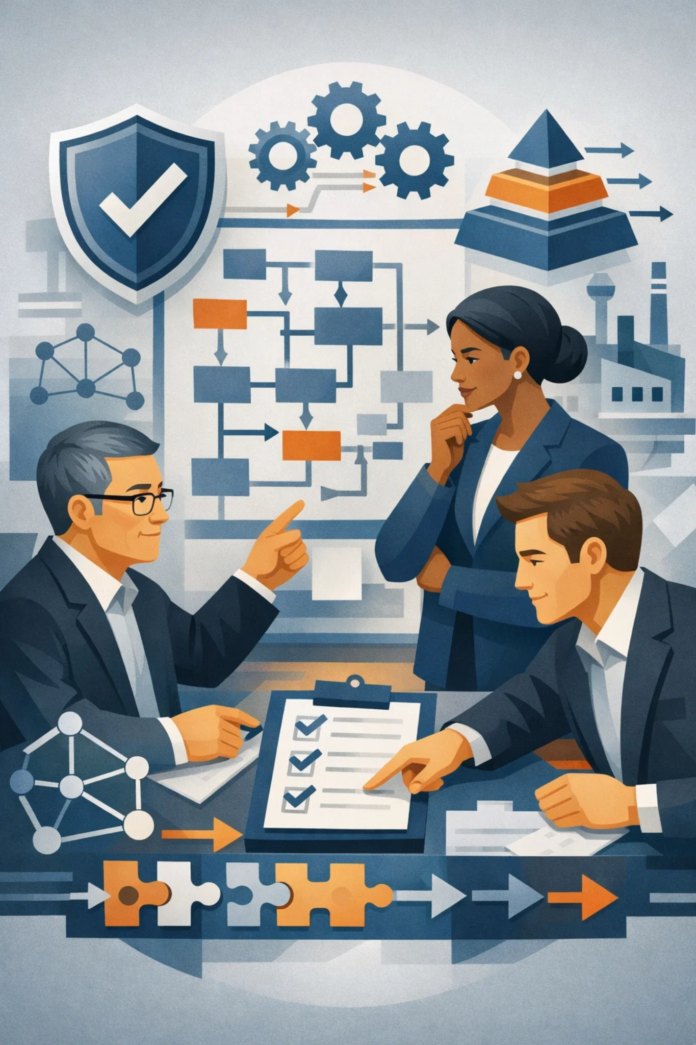 Digital illustration of professionals reviewing layered security controls, shield symbol, and process flow representing SOC 2 compliance governance and information security consulting.