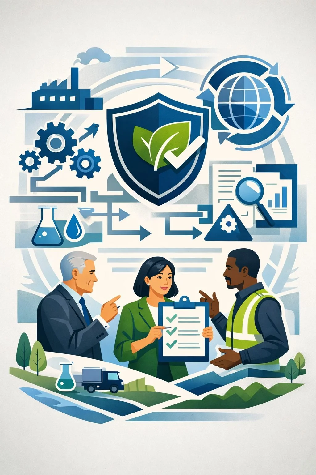 Digital illustration of structured environmental management system guidelines with shield, gears, factory, audit tools, and professionals coordinating environmental compliance systems.
