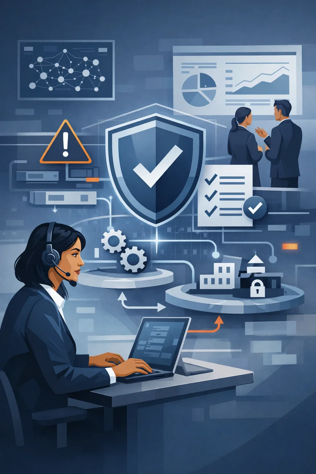 Digital illustration of a virtual risk manager overseeing organizational risk controls with shield protection, structured workflows, and networked monitoring dashboards.