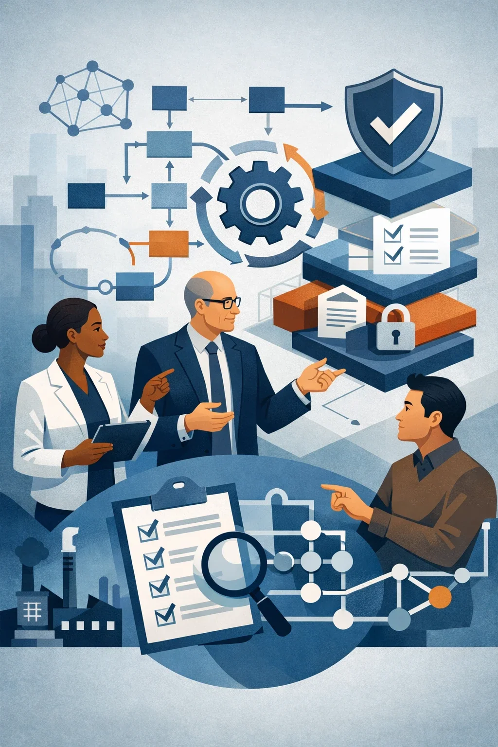 Digital illustration of consultants reviewing vendor security controls with shield, checklist, and network symbols representing a third party risk assessment process.