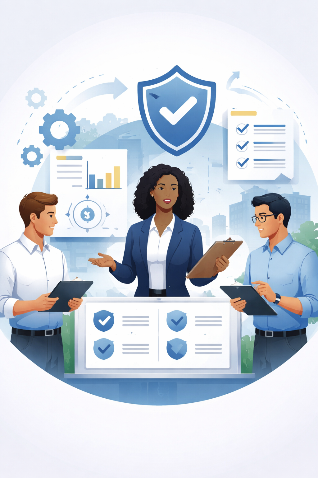 Management representative leading ISO management system oversight with compliance shield, process controls, and diverse leadership team in structured consulting environment