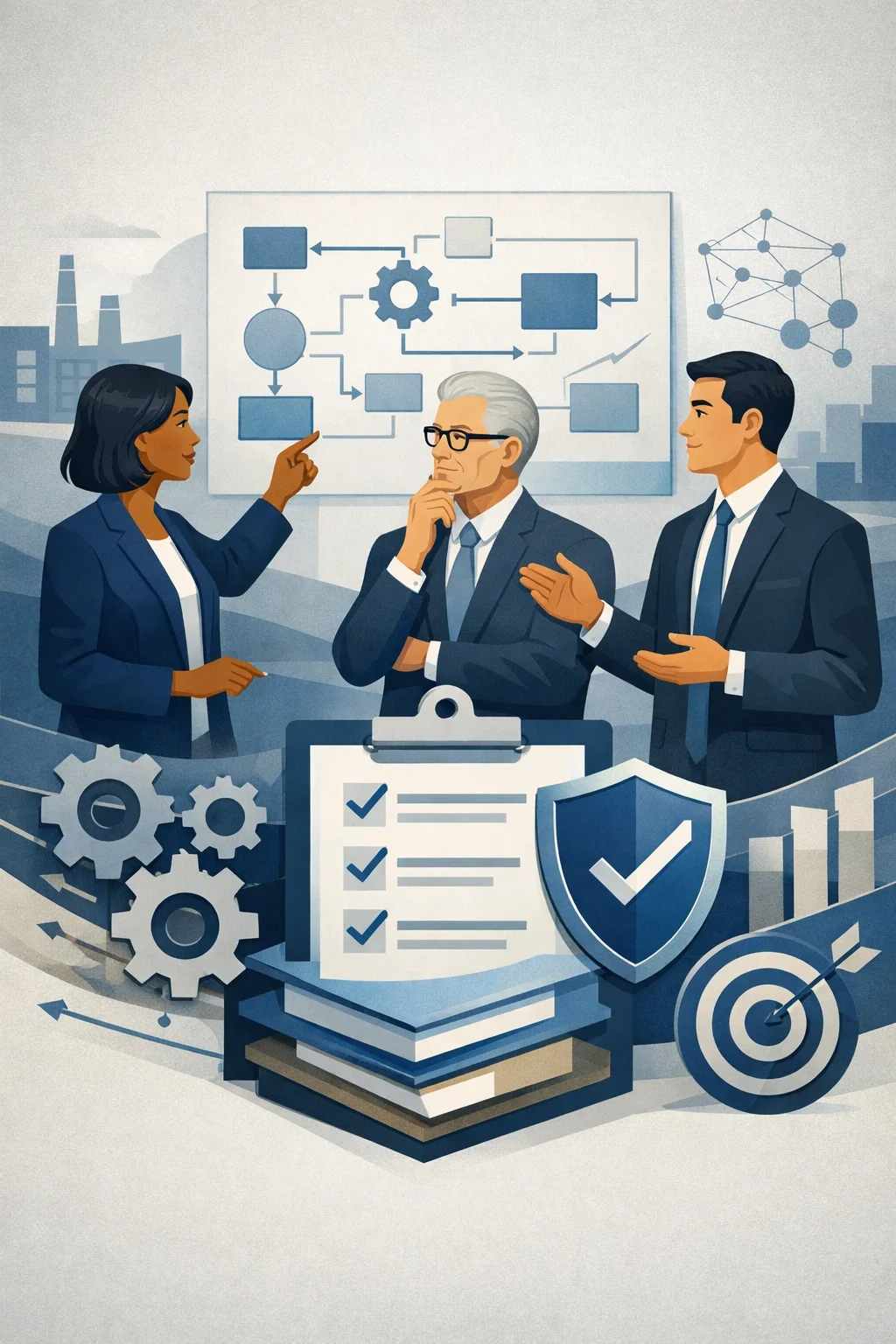 Digital illustration of consultants analyzing a structured continuity planning diagram with gears, shield, and checklist representing business continuity planning systems.