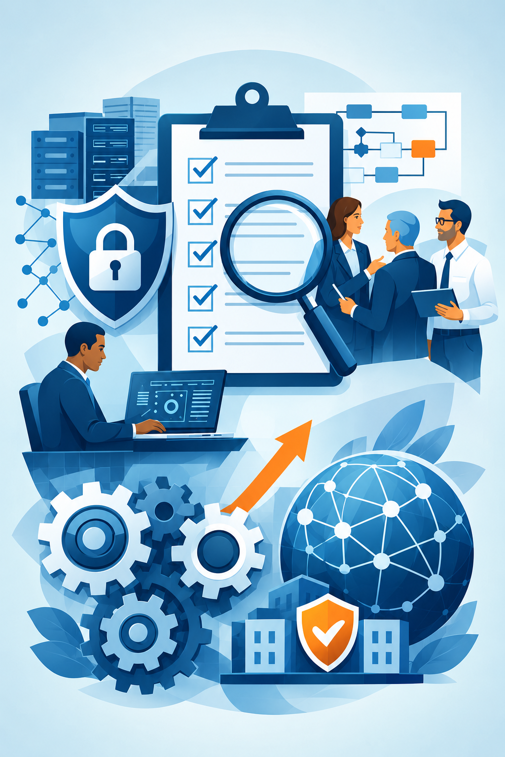 Illustration of auditors reviewing an ISMS security checklist for ISO 27001 lead auditor training (keep the image between Section 1 and Section 2)