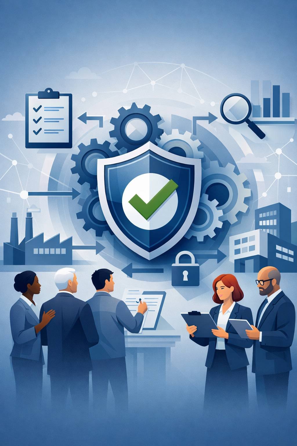 Digital illustration of shield, gears, process arrows, and audit checklist representing an ISO 9001 integrated management system structure and governance framework.