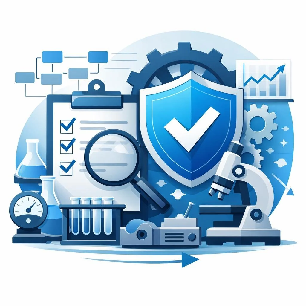 Digital illustration of laboratory equipment, clipboard checklist, shield, and gears representing ISO/IEC 17025 consultant services and laboratory accreditation systems.