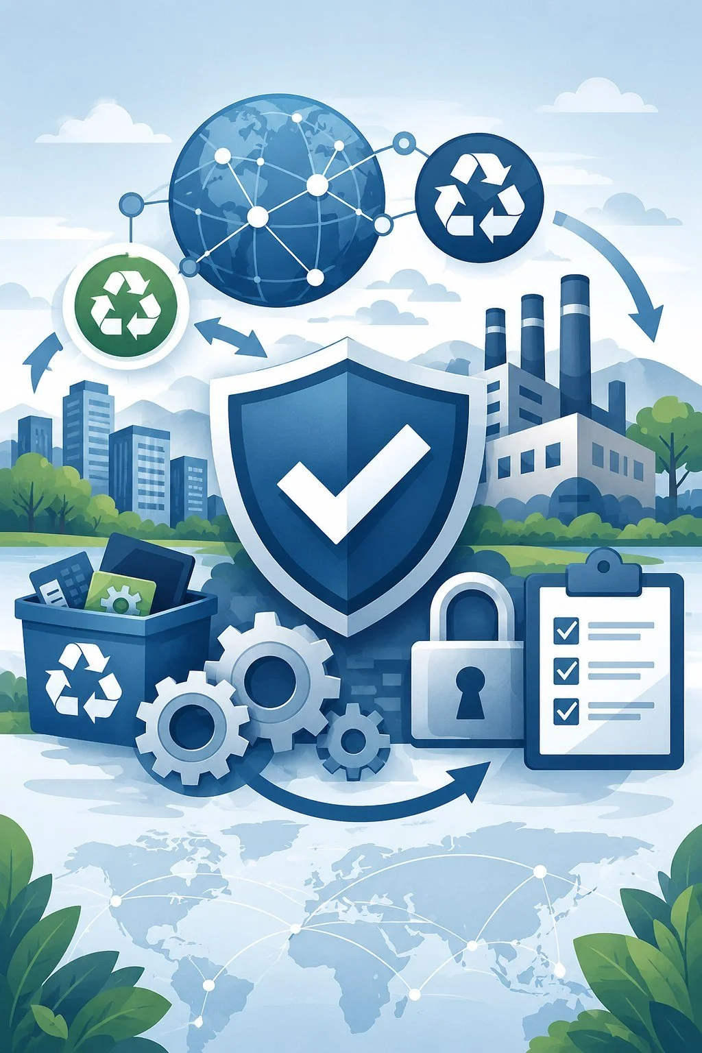 e-Stewards certification illustration showing a shield, recycling system, factory, lock, and checklist for electronics recycling and ITAD compliance