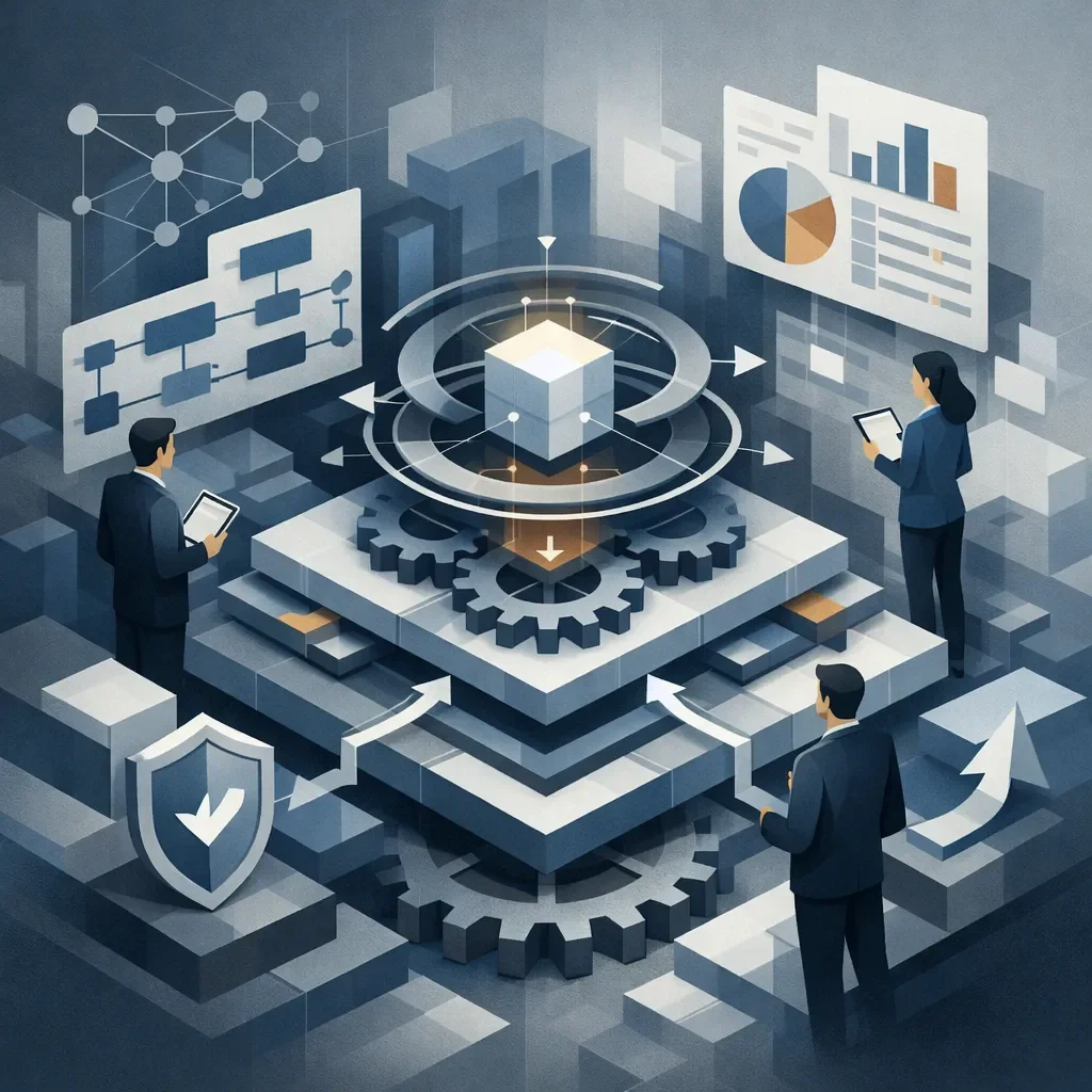Abstract system of layered gears, interconnected nodes, and structured flows representing strategic business consulting and operational alignment
