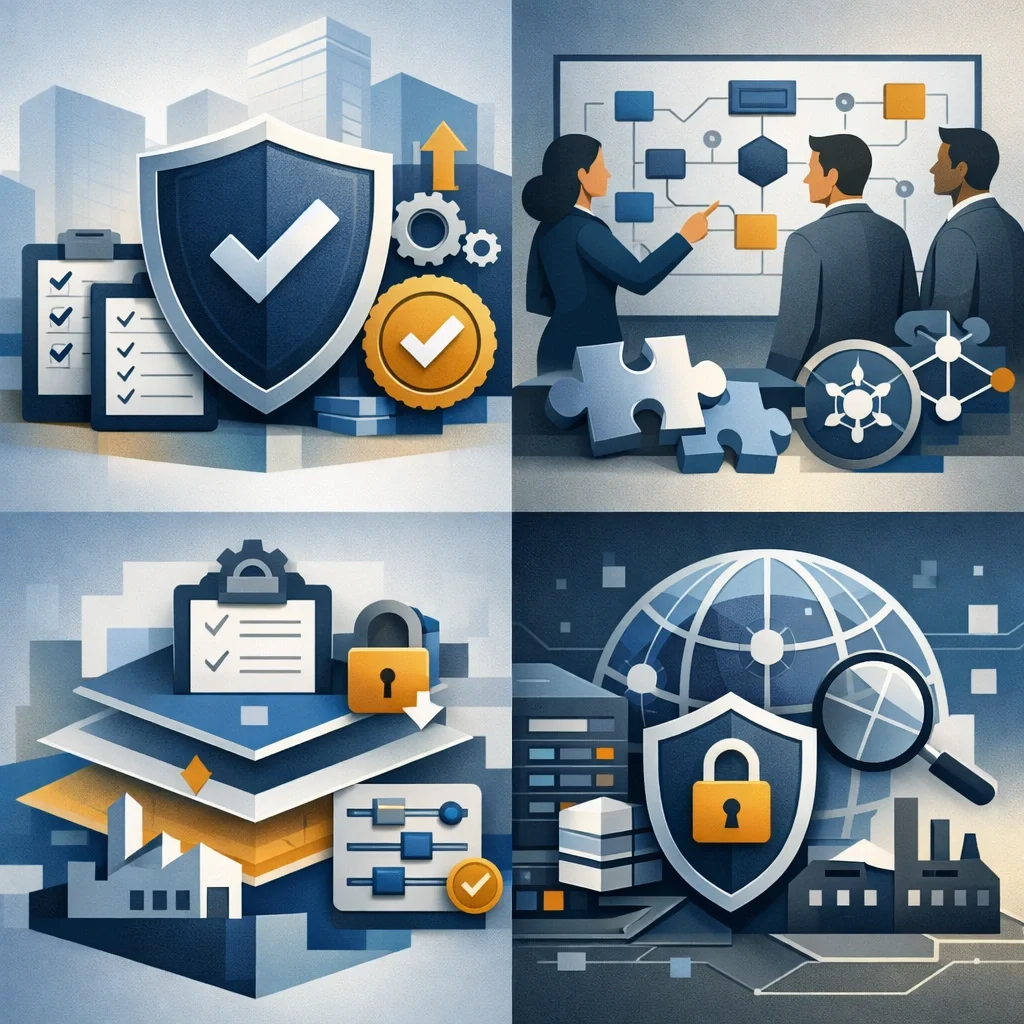Digital illustration of cybersecurity governance with shield protection, network diagrams, and system planning visuals representing NIST CSF consulting and risk management.