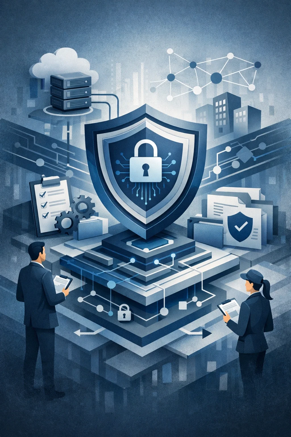 Layered shield system protecting interconnected data networks with structured controls, representing organizational responsibility for securing controlled information.