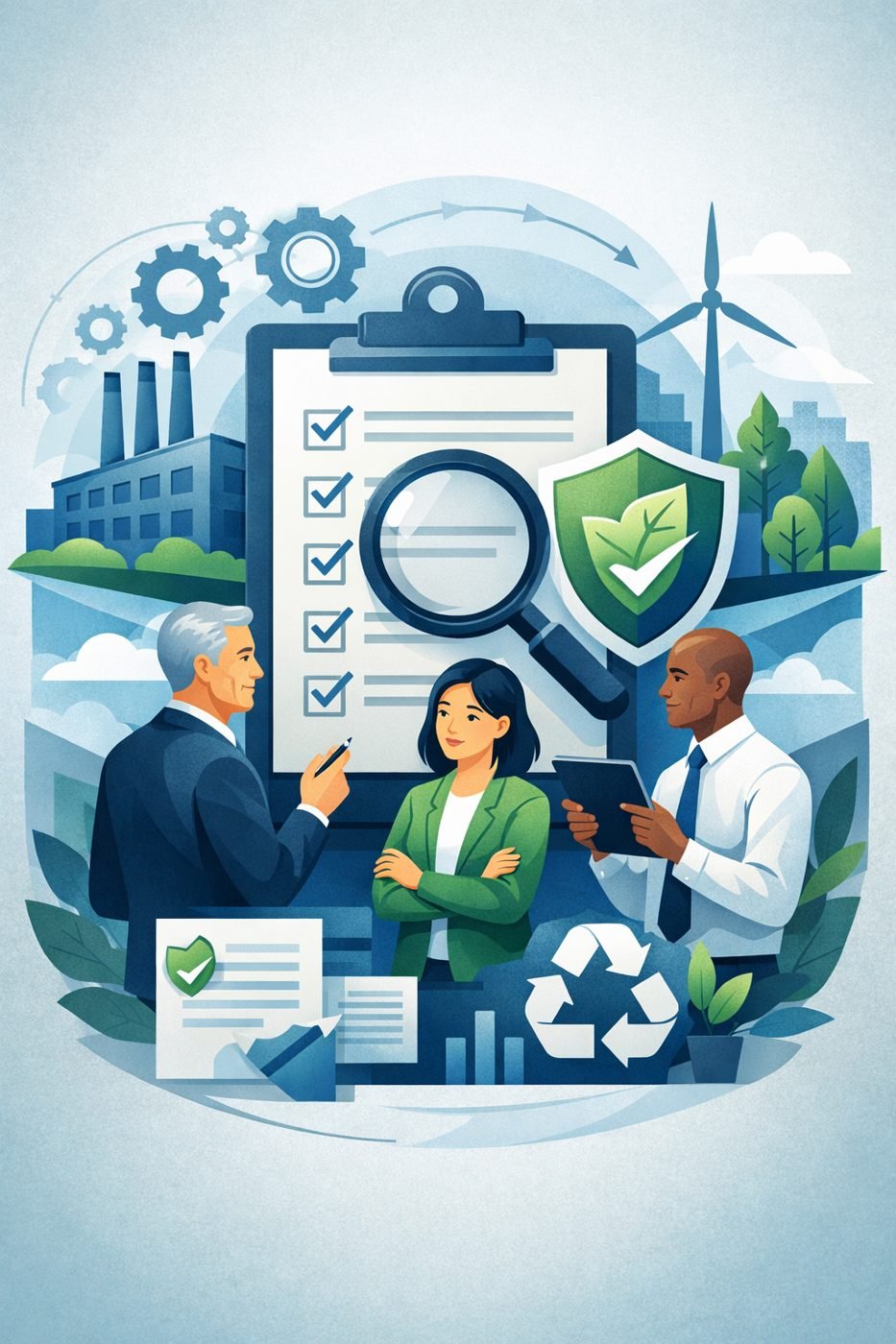 Digital illustration of professionals reviewing an environmental checklist with shield and magnifying glass symbols representing an ISO 14001 certification audit and environmental management systems.