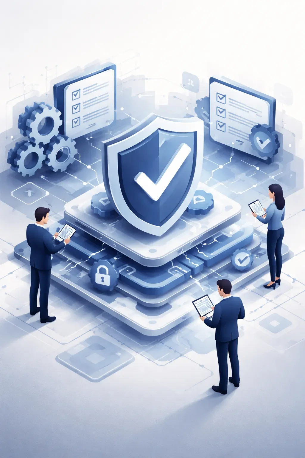 Layered system with shield and checkmark, gears and audit elements forming structured network representing ISO certified company controls and validation