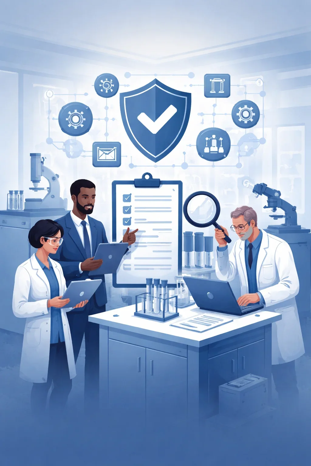 Digital illustration of laboratory professionals reviewing test results with shield, checklist, and lab equipment symbolizing an ISO 17025 laboratory QMS.