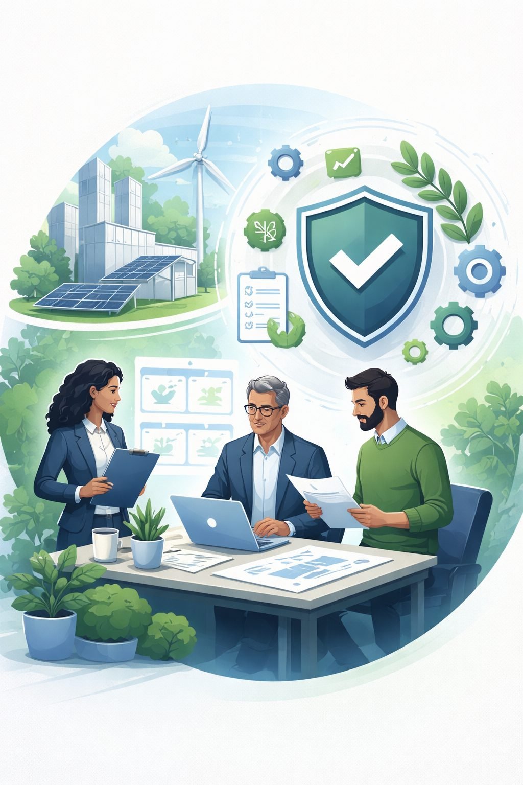 Digital illustration of professionals reviewing environmental management processes with shield and sustainability symbols representing ISO 14001 for small business environmental management systems.