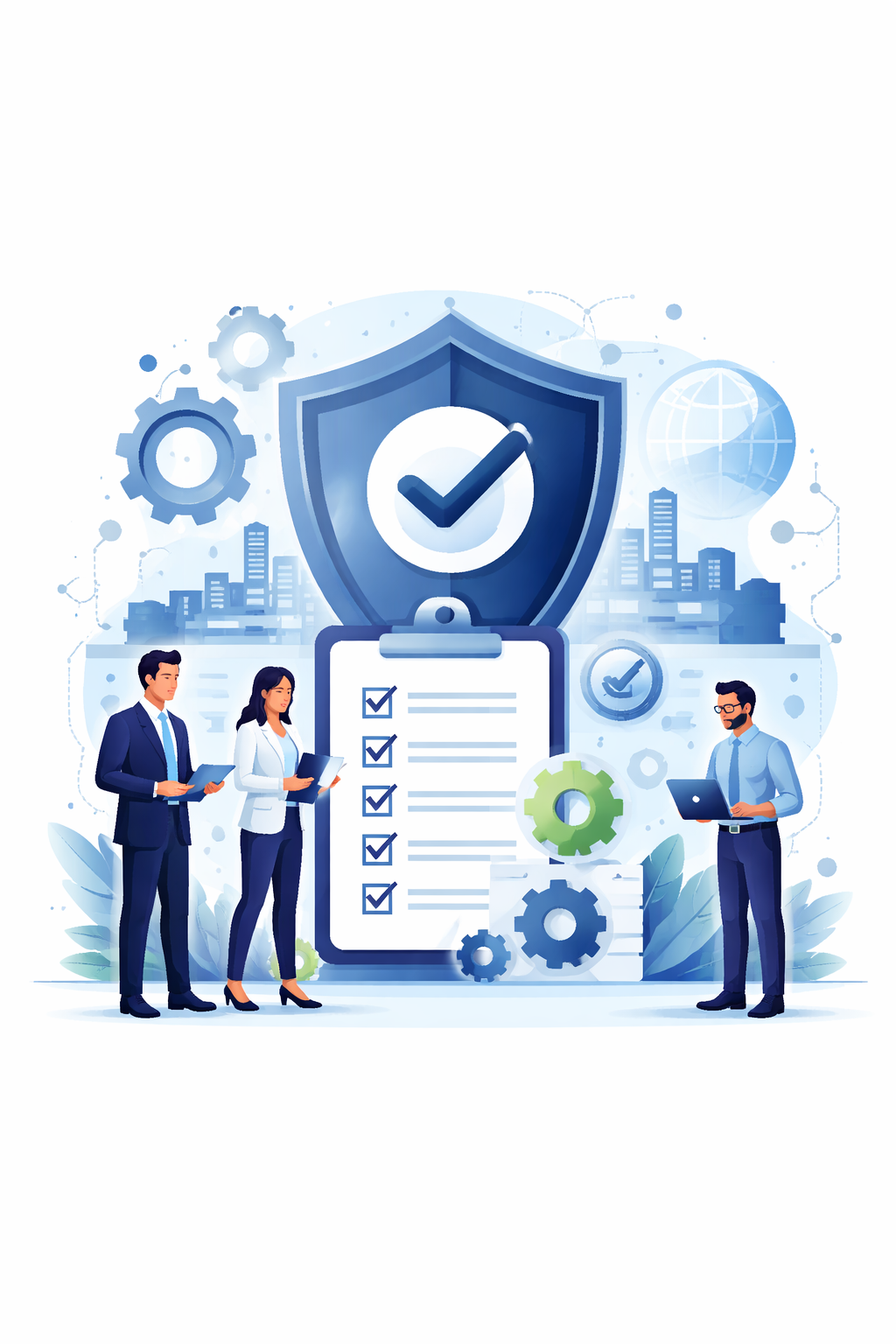 Digital illustration of a shield with checkmark, clipboard checklist, and gears representing the structured management system behind an ISO certified company.