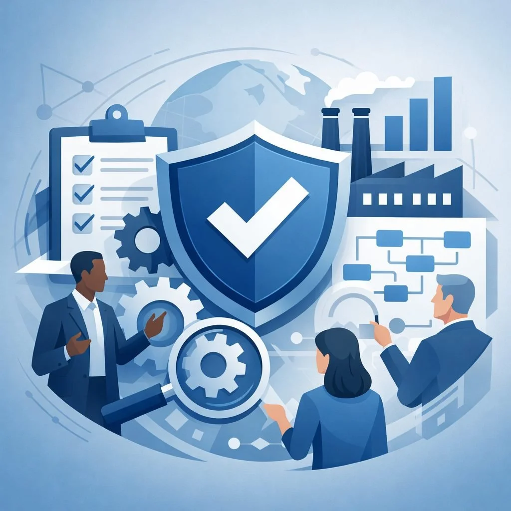Digital illustration of a shield, checklist, gears, and factory processes representing ISO 9001 standards and structured quality management systems.