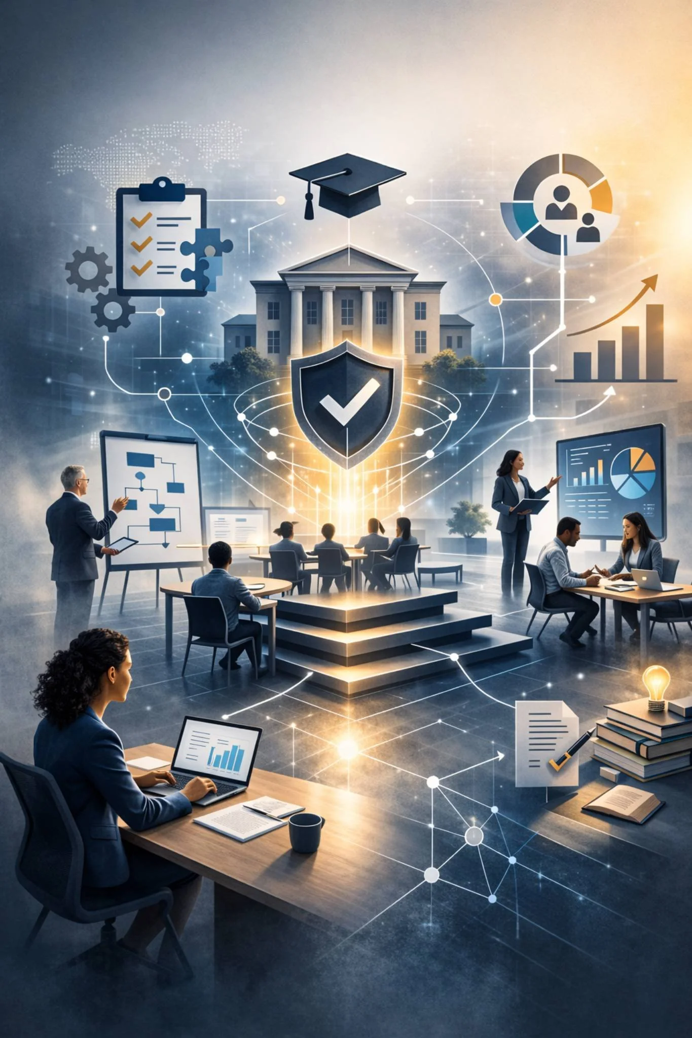 Digital illustration of an academic institution surrounded by professionals, governance diagrams, and a shield symbolizing ISO 21001 educational organization management systems and structured education quality consulting.