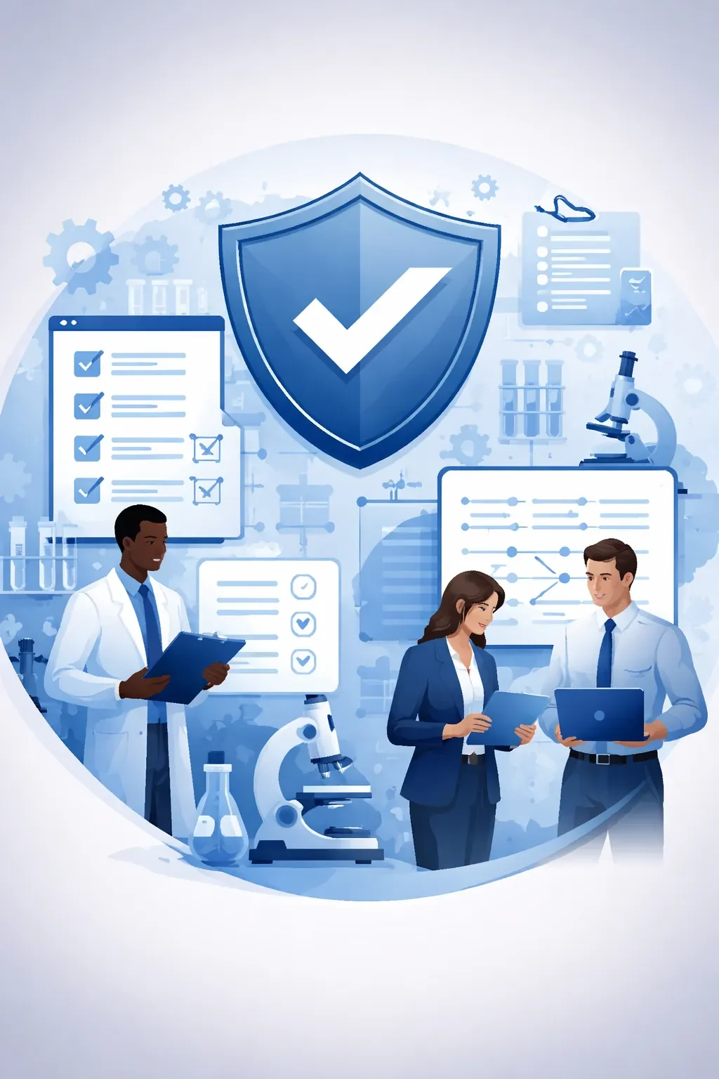 Digital illustration of laboratory professionals reviewing testing processes with shield and checklist symbols representing ISO 17025 accreditation preparation.