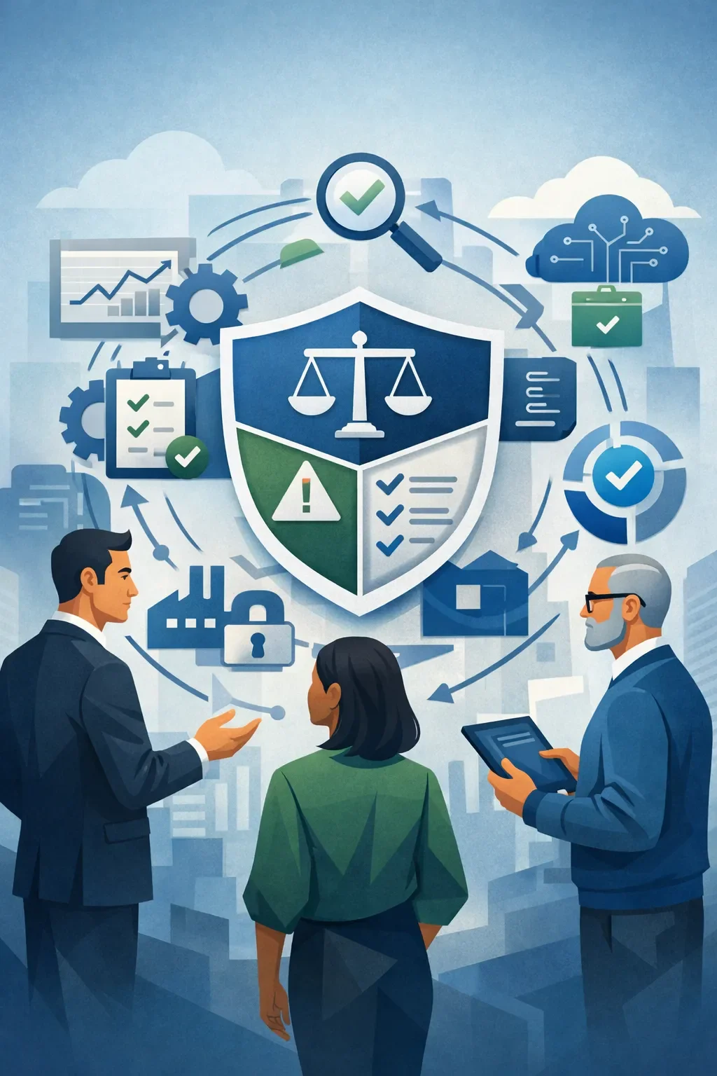 Digital illustration of a structured GRC framework with a central shield, interconnected controls, and diverse professionals collaborating on governance, risk, and compliance systems.