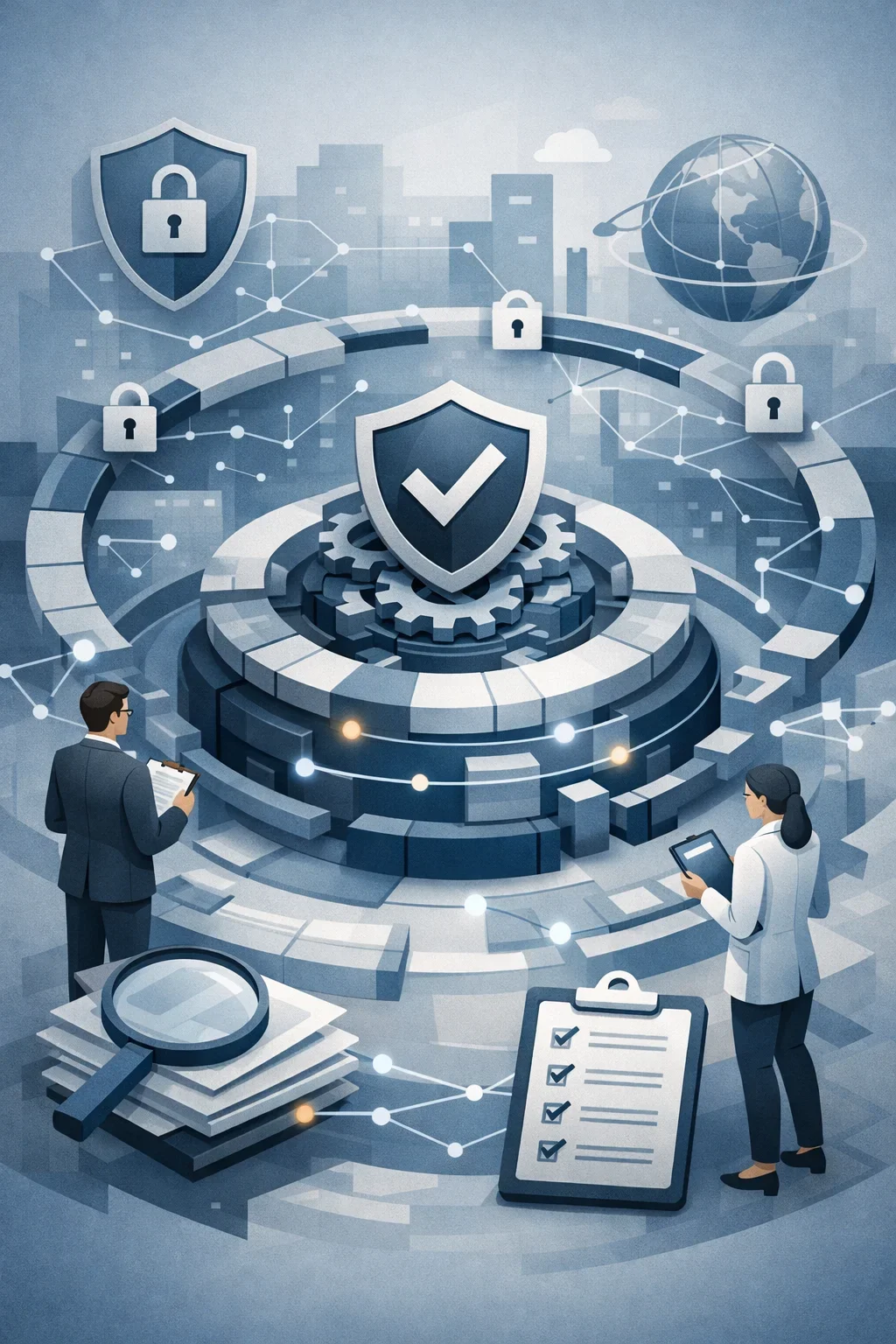 Structured regulatory compliance system illustration with layered controls, interconnected processes, and audit elements in a secure operational framework