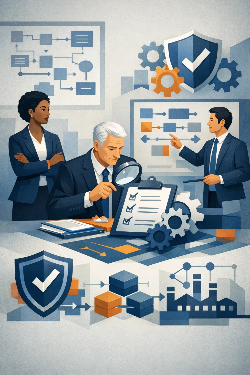 Digital illustration of consultants reviewing structured compliance controls with shield, checklist, and process diagrams representing HIPAA compliance consulting.