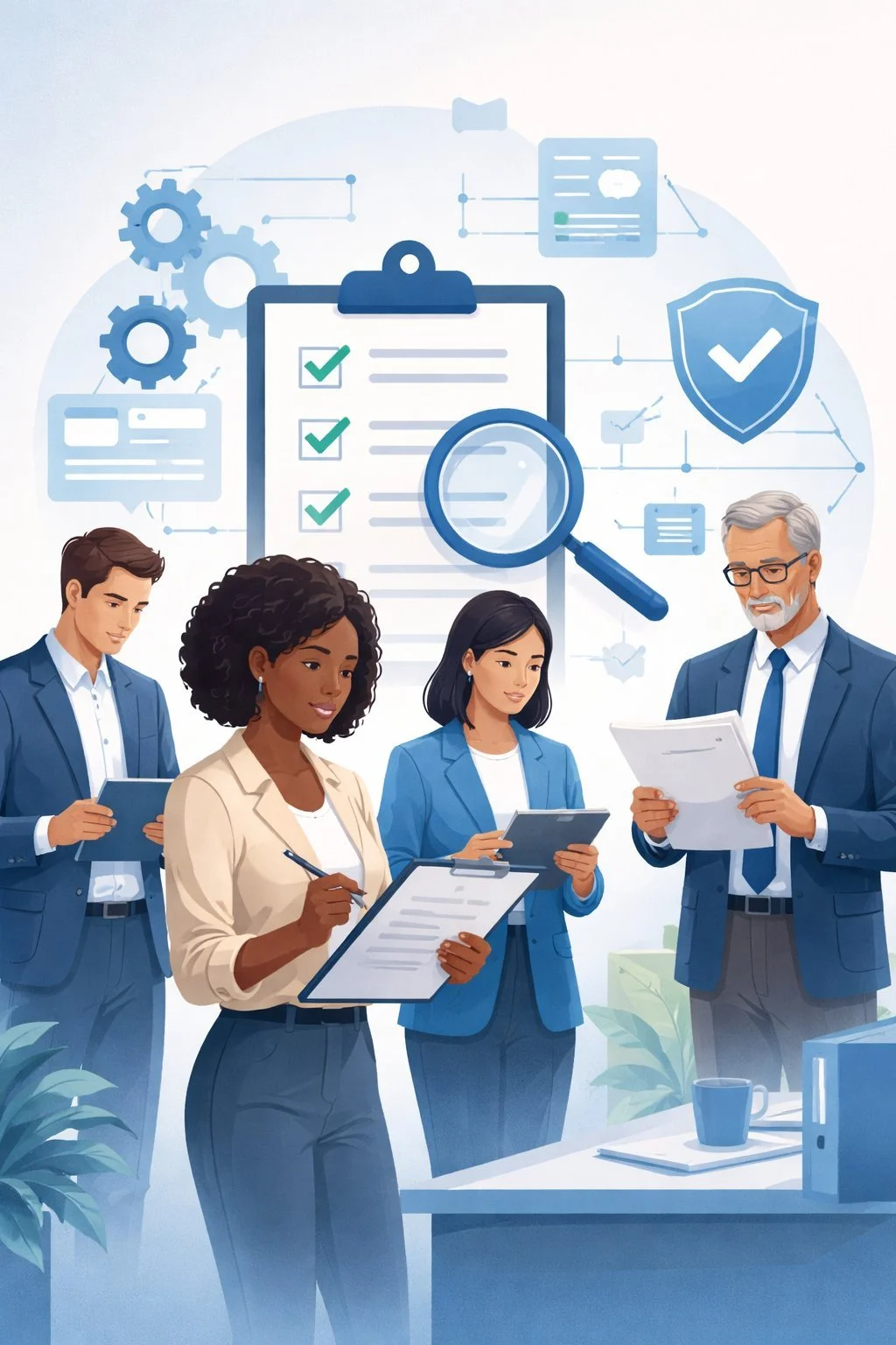 Diverse team of professional internal auditors reviewing compliance documents with checklist, magnifying glass, and shield symbols representing ISO internal auditor qualification and audit competence evaluation.