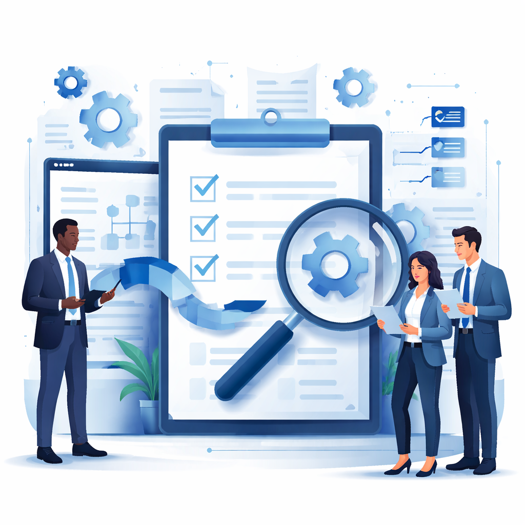 Digital illustration of professionals reviewing a clipboard checklist with magnifying glass and gears representing ISO 9001 auditor training and internal audit evaluation.