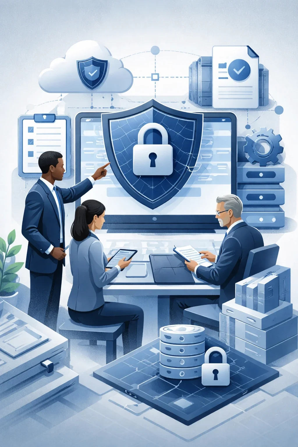 Digital illustration of professionals reviewing secure systems with shield, lock, and network elements representing cybersecurity and information security consulting.